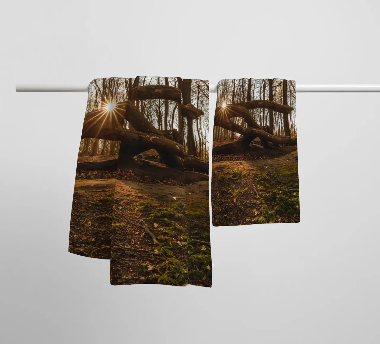 Sun star in the ghostly forest of the Baltic Sea towel by Marcus Beckert | Fotografie