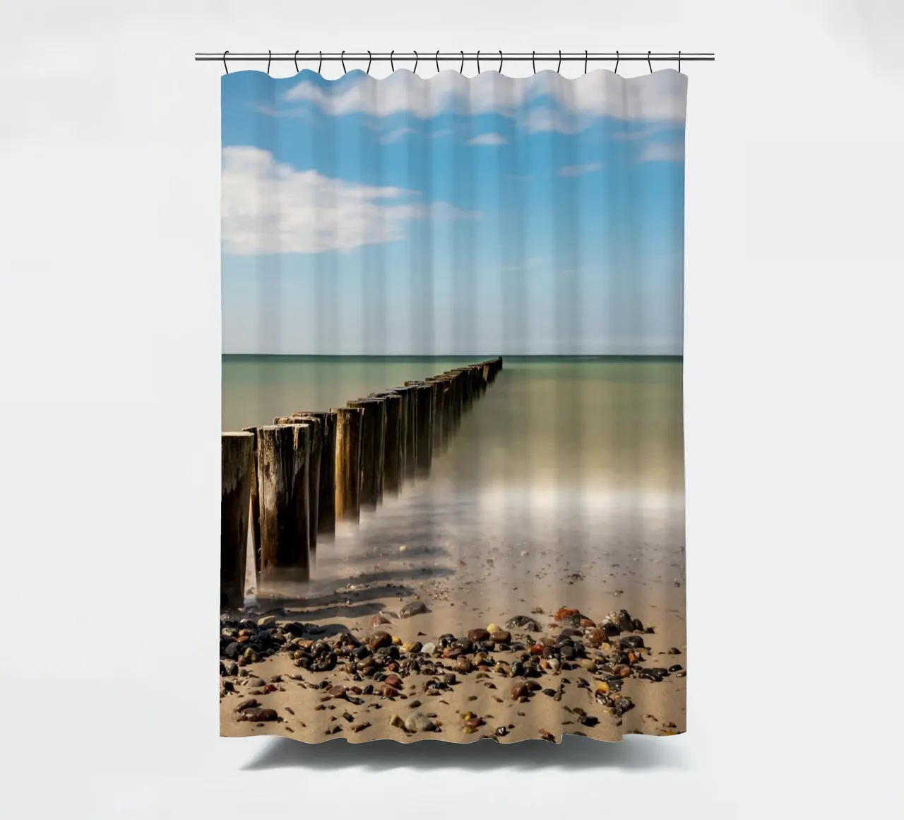 Groynes on the beach of the Baltic Sea shower curtain by Marcus Beckert | Fotografie