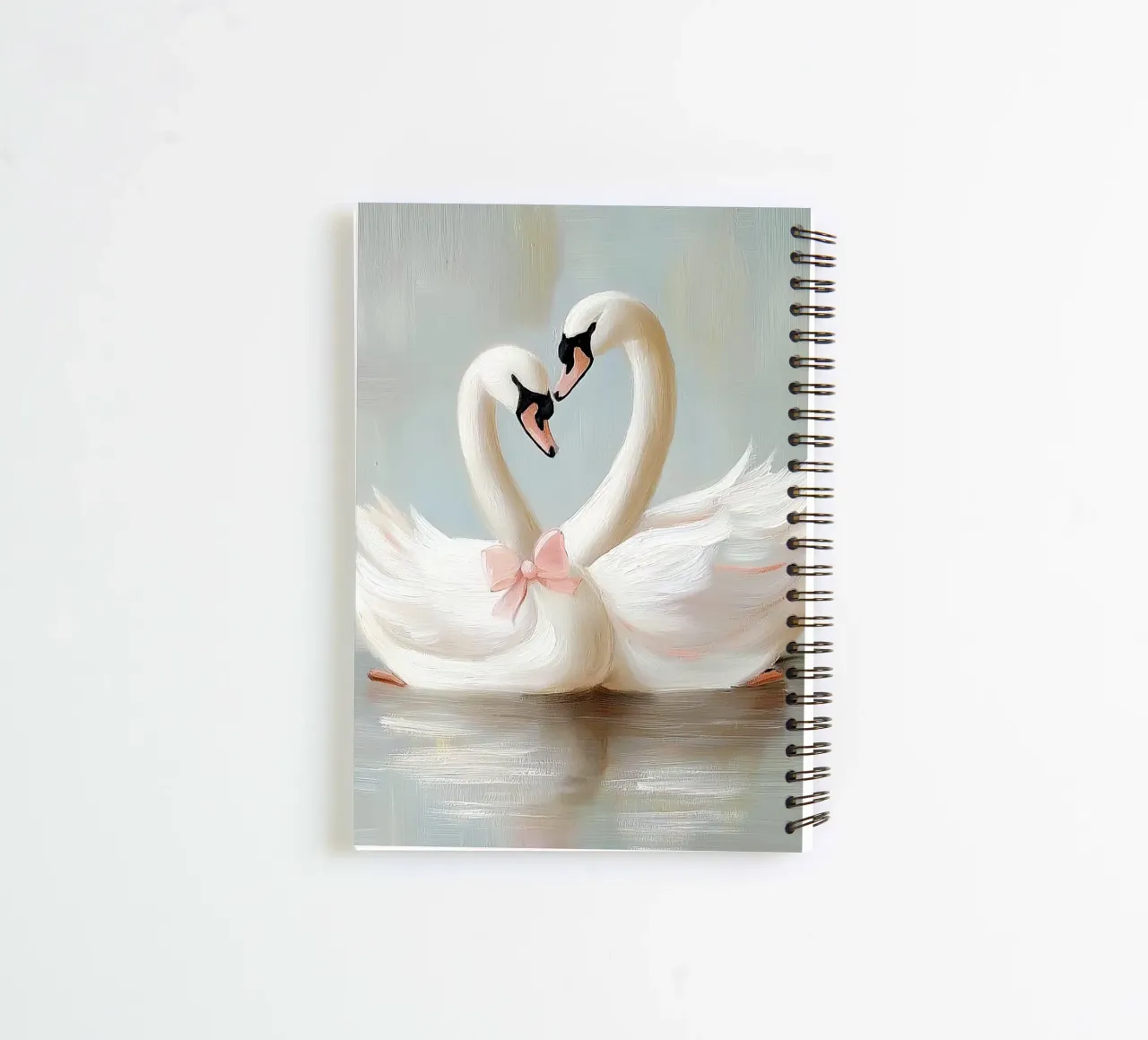 Heart-Shaped Swan Pink Bow Valentines Day Love Bird Feathers spiral notebook by Gentle Echoes Art