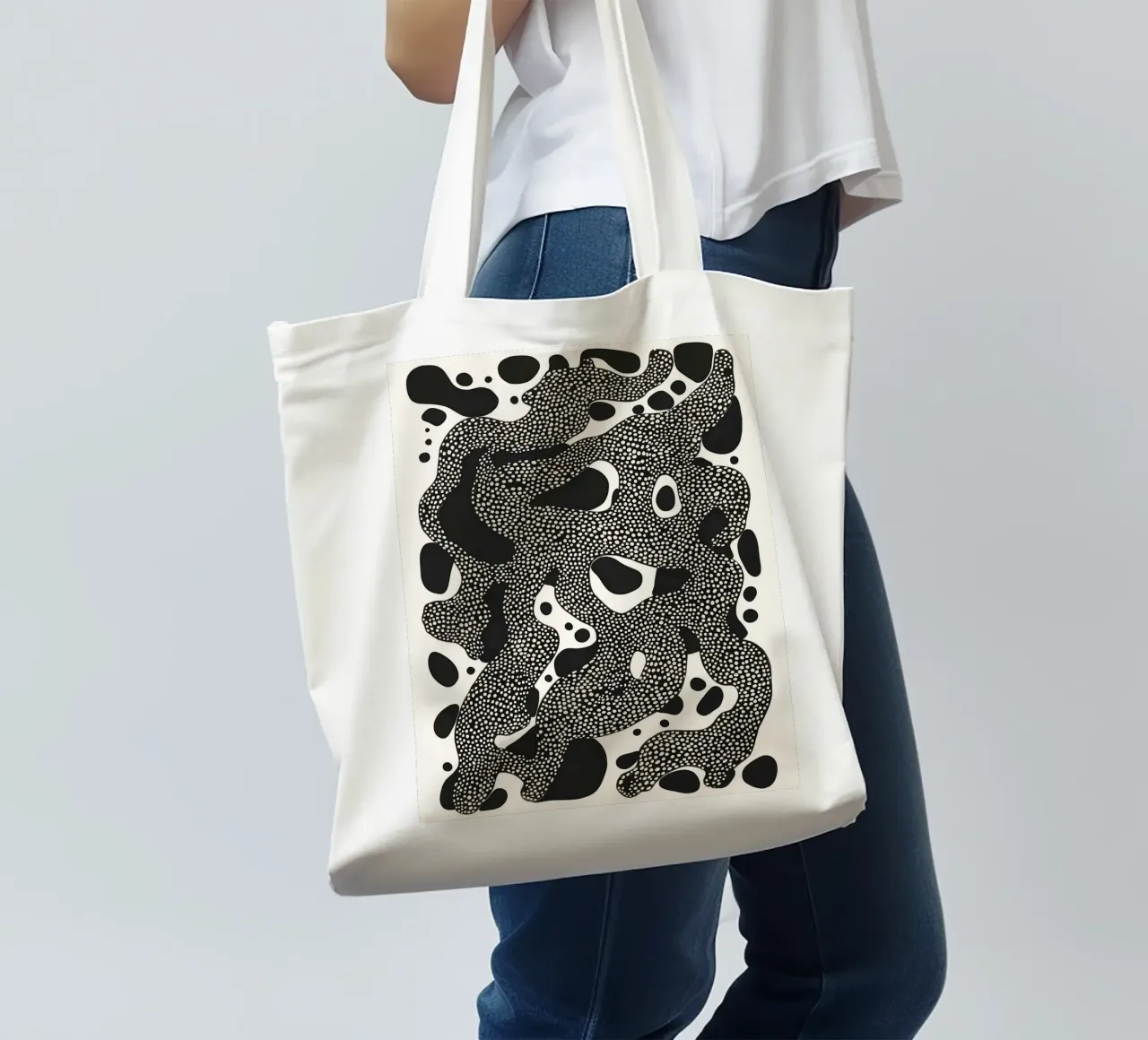 Organic abstraction in black and white tote bag by DWA