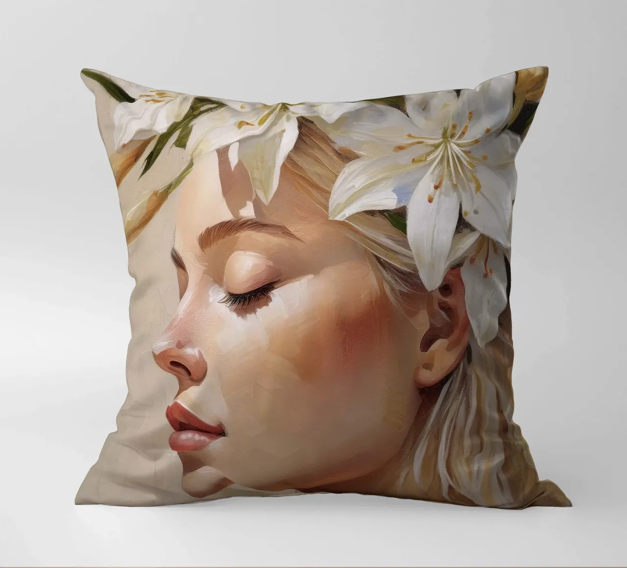 Donna con corona di fiori in testa cuscino da Take Your Art BV