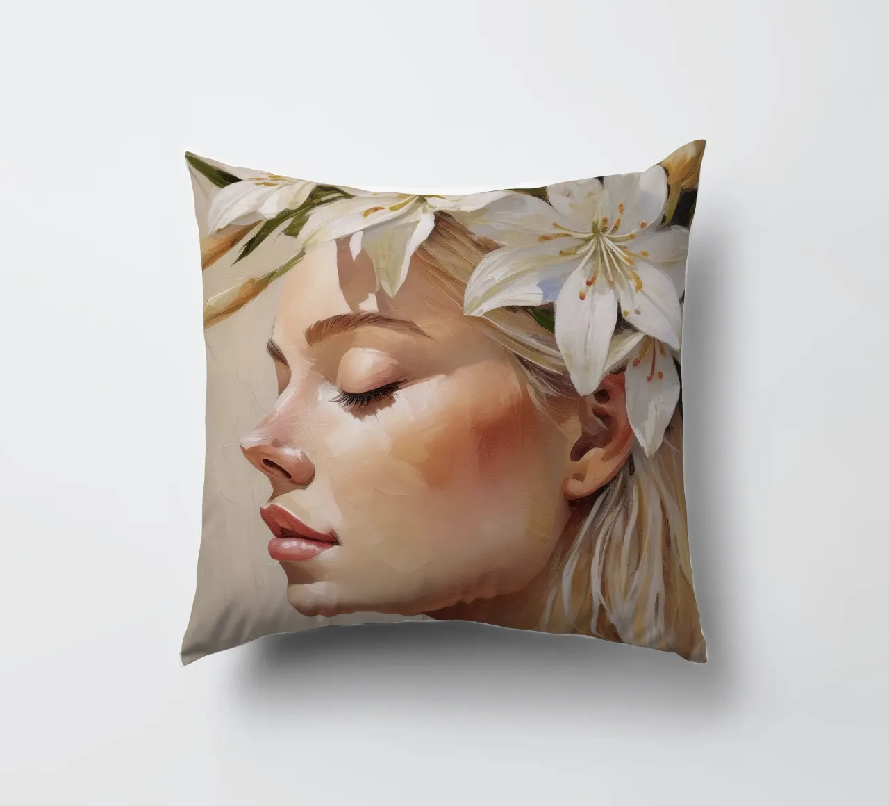 Donna con corona di fiori in testa cuscino da Take Your Art BV