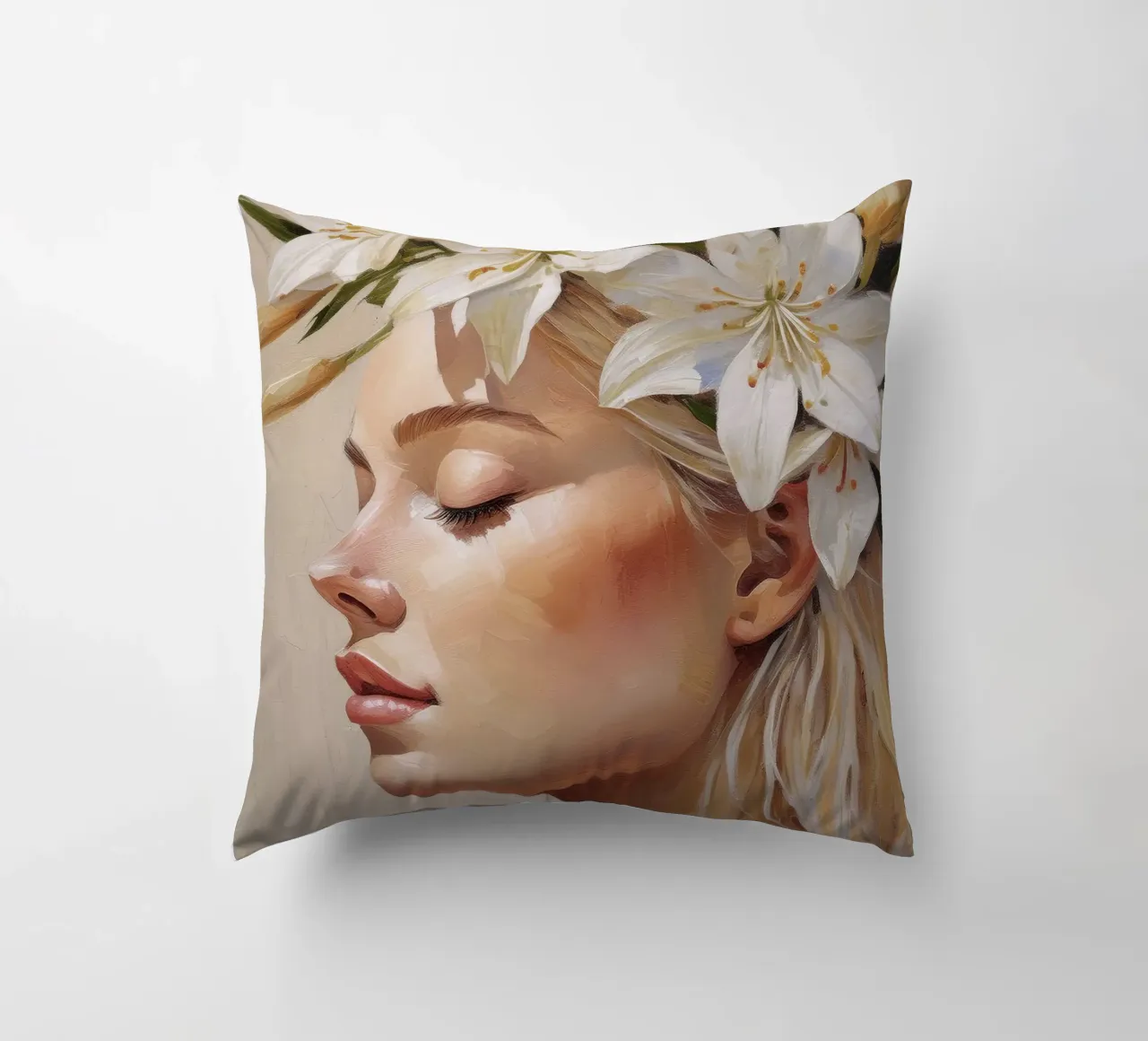 Donna con corona di fiori in testa cuscino da Take Your Art BV