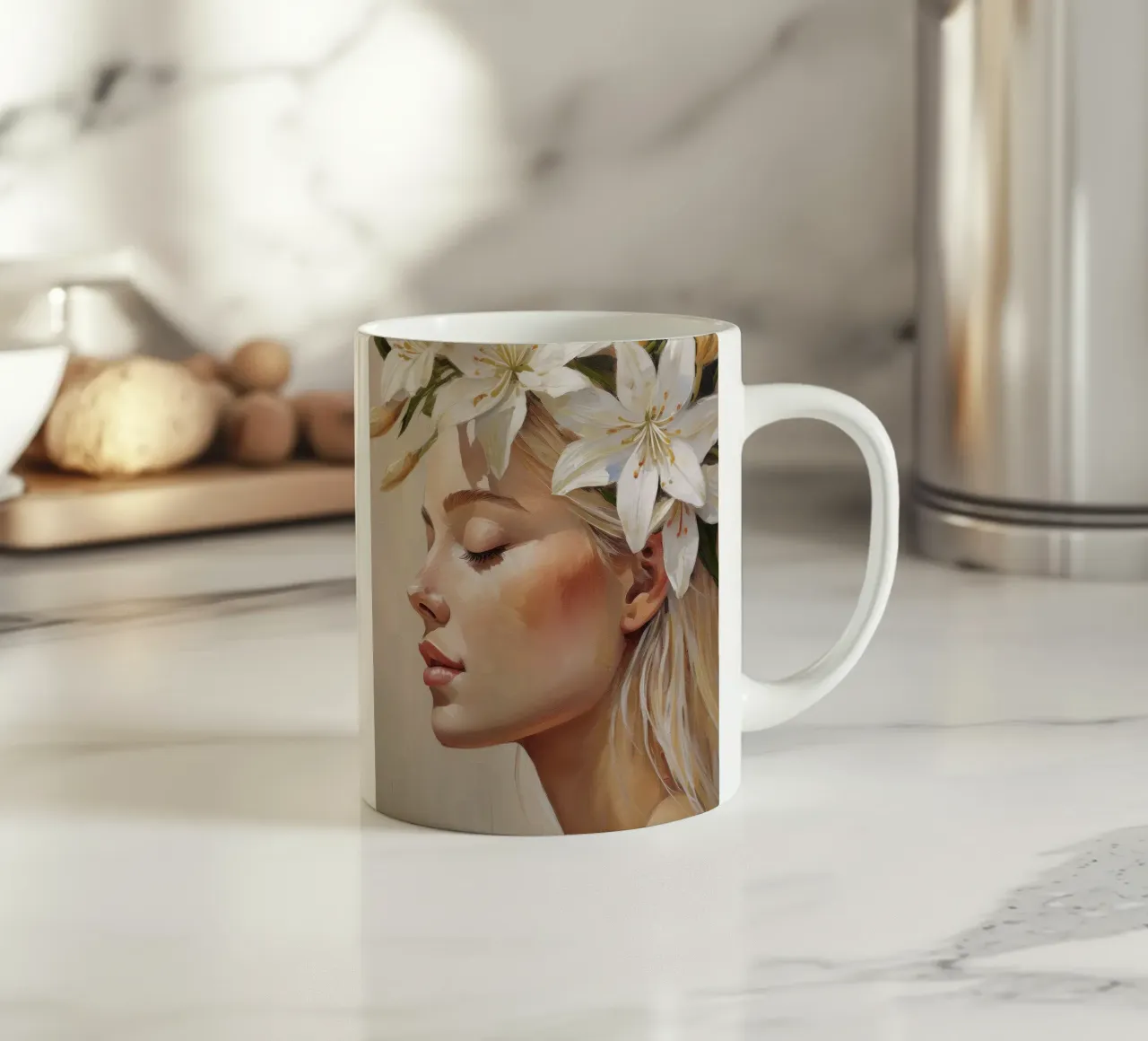 Donna con corona di fiori in testa tazza in ceramica da Take Your Art BV