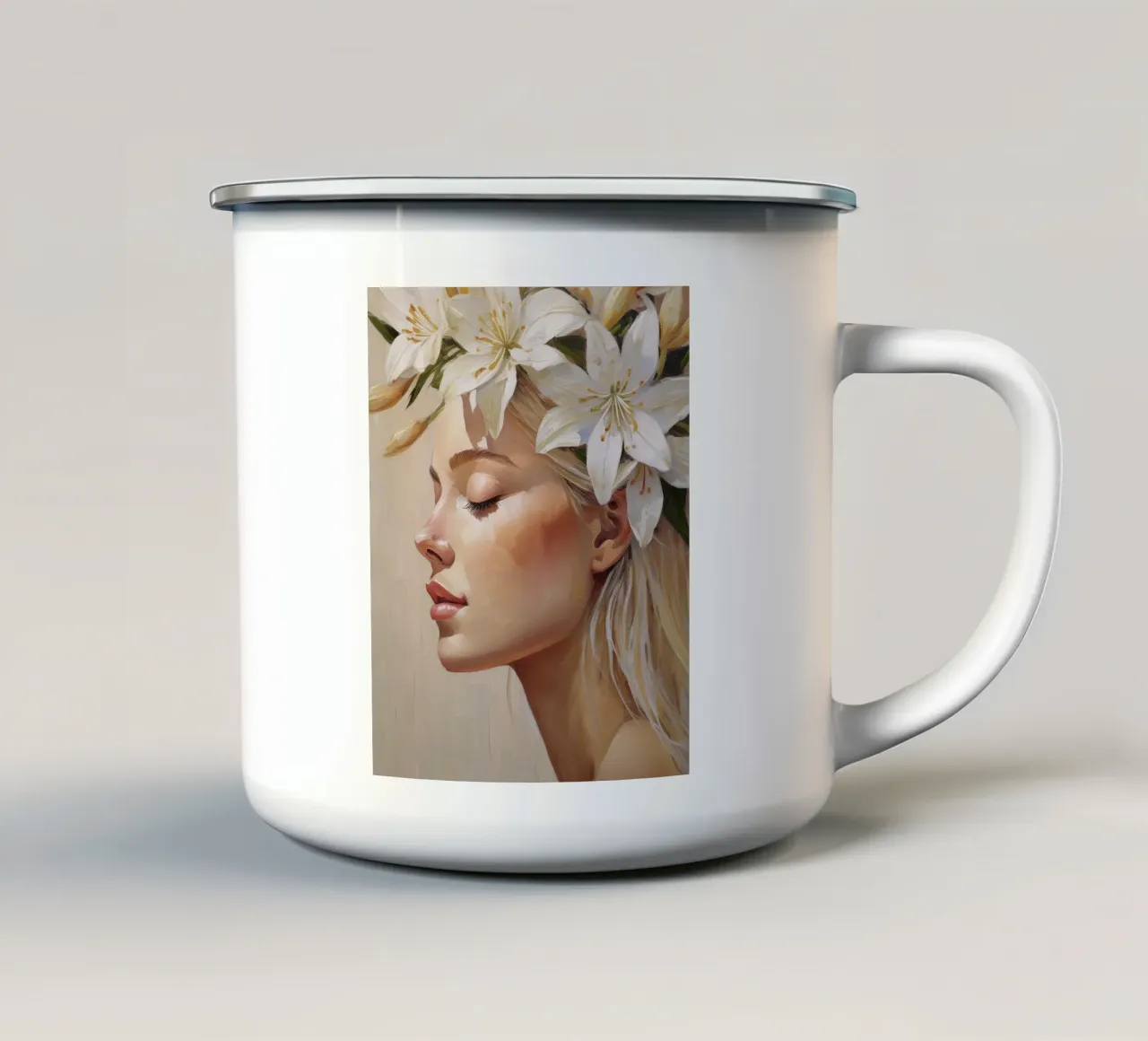Donna con corona di fiori in testa tazza in smalto da Take Your Art BV