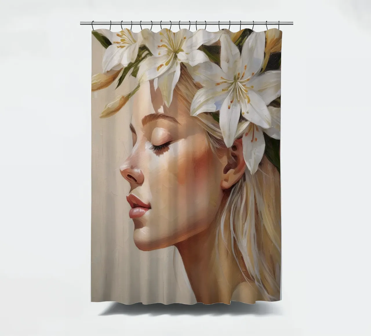 Donna con corona di fiori in testa tenda da doccia da Take Your Art BV
