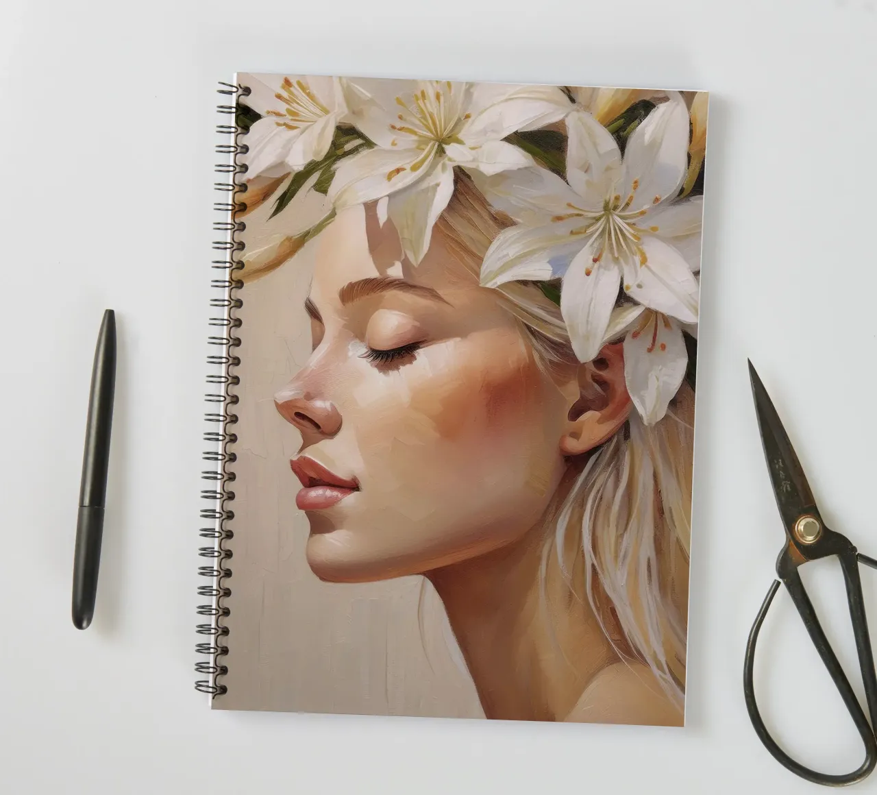 Donna con corona di fiori in testa diario ad anelli da Take Your Art BV