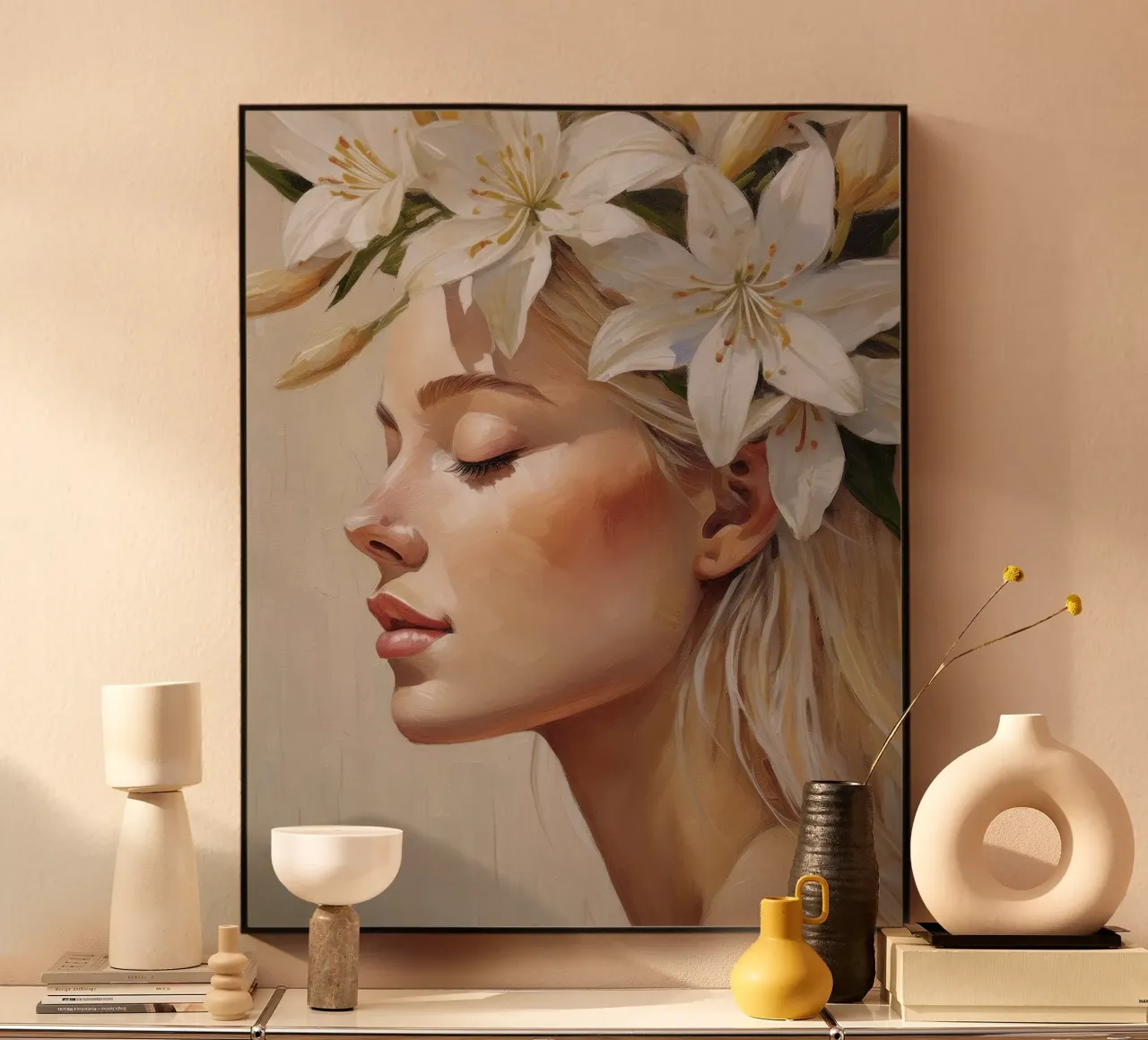 Donna con corona di fiori in testa alluminio dibond da Take Your Art BV