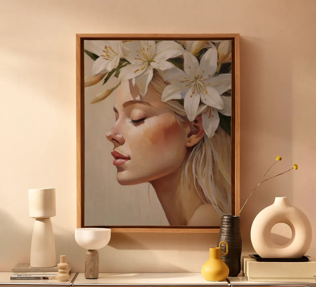 Ritratto di donna con corona di fiori sulla testa tela con Cornice a cassetta da Take Your Art BV