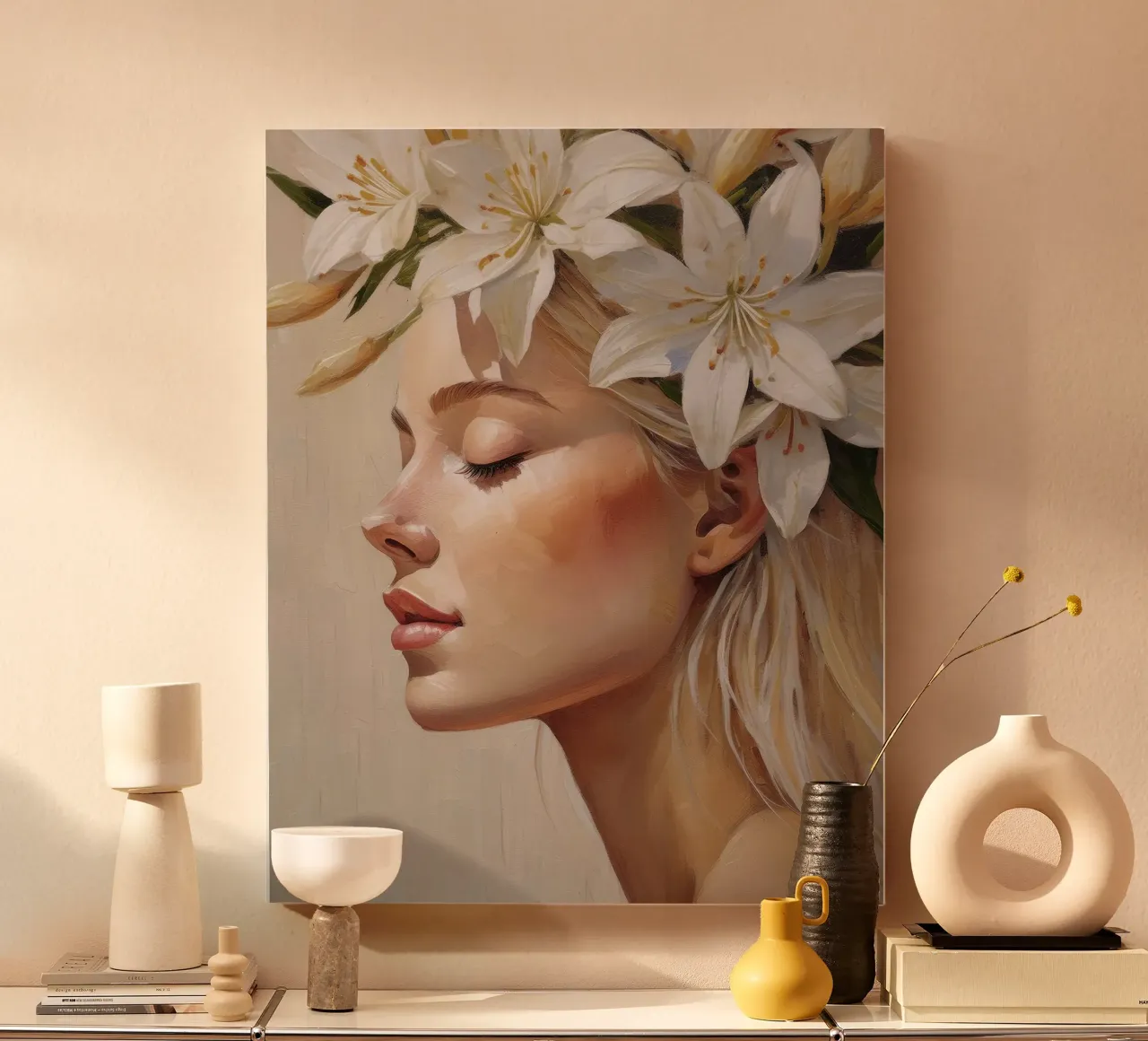 Ritratto di donna con corona di fiori sulla testa tela con Cornice a cassetta da Take Your Art BV