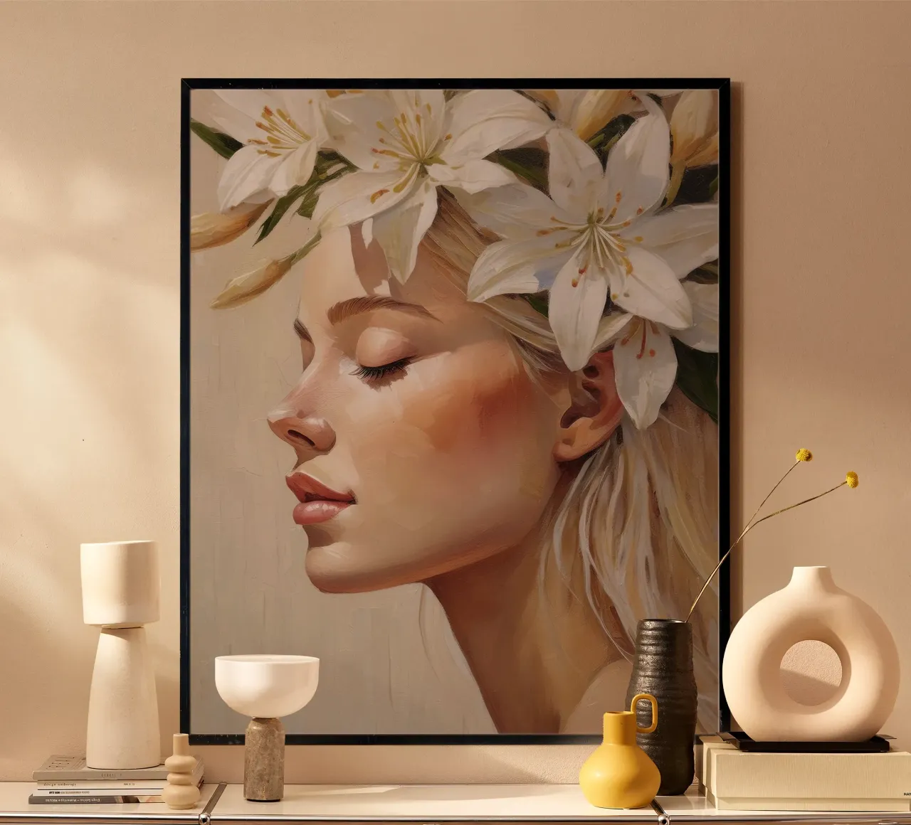 Donna con corona di fiori in testa carta hahnemühle da Take Your Art BV