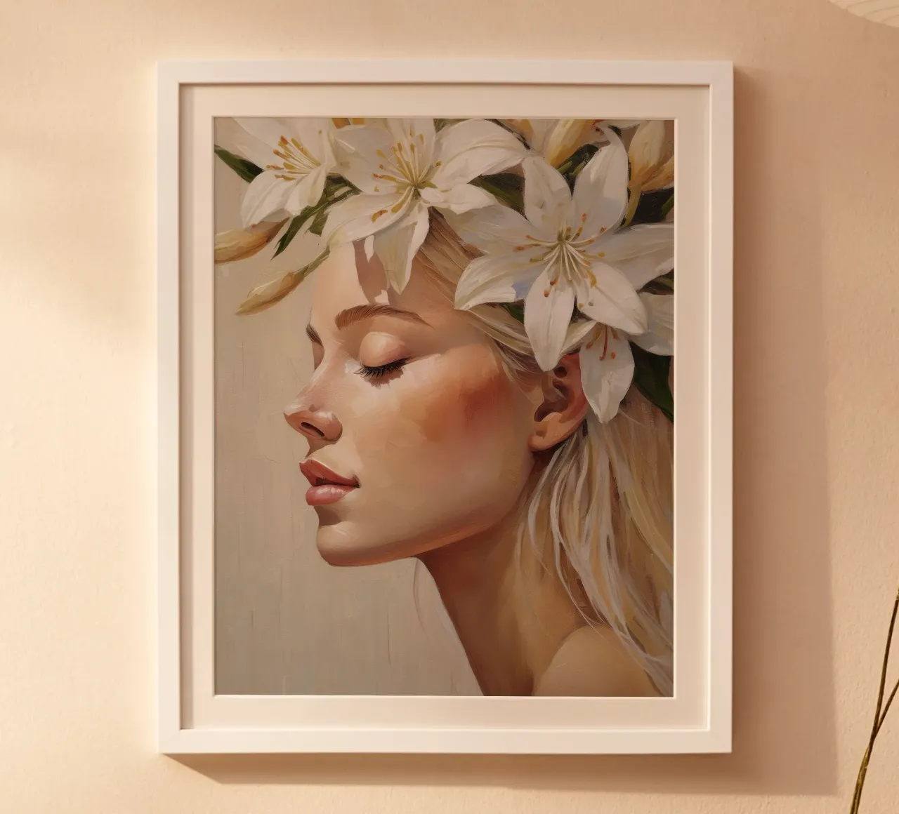 Donna con corona di fiori in testa carta hahnemühle da Take Your Art BV