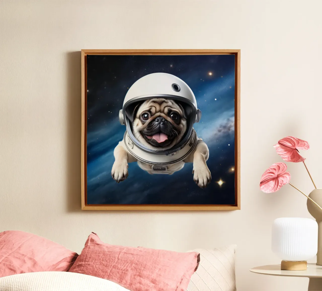 Ruimte Ontdekkingsreiziger Mopshond: Aanbiddelijke Astronaut Kunstdruk canvas met Baklijst van FlexiDesignsByK