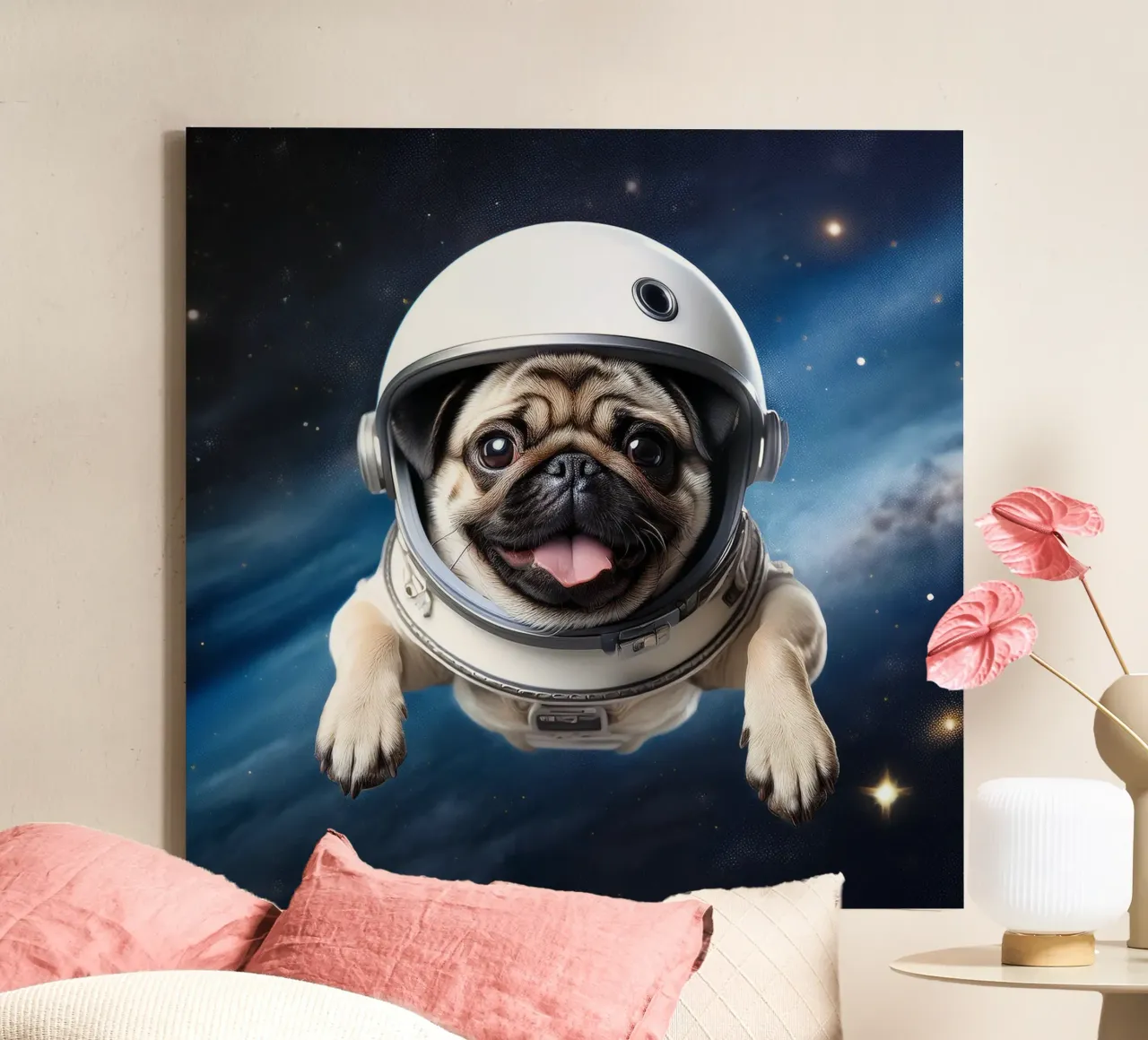 Ruimte Ontdekkingsreiziger Mopshond: Aanbiddelijke Astronaut Kunstdruk canvas met Baklijst van FlexiDesignsByK