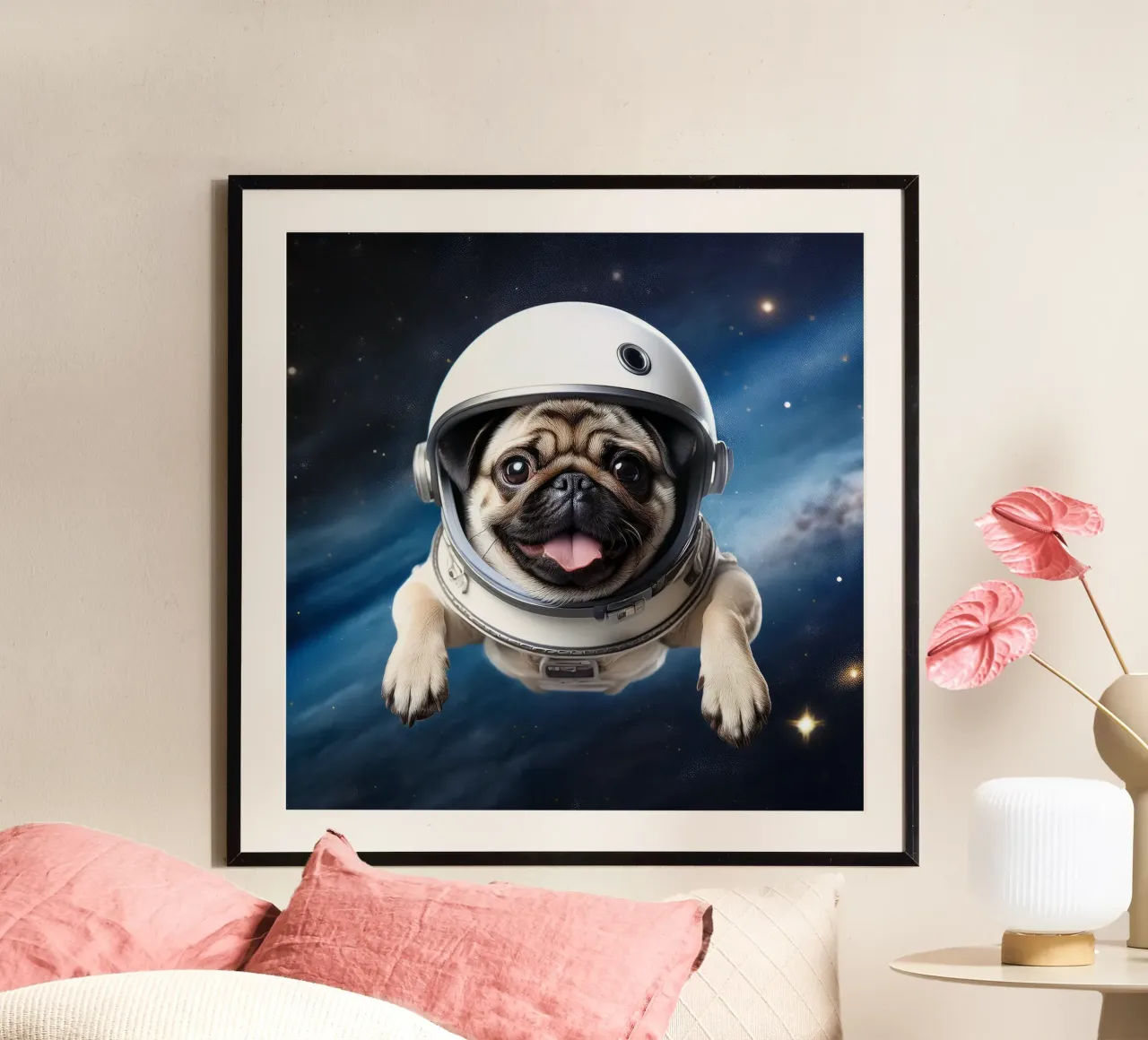 Pug Explorador del Espacio: Adorable impresión artística de un perro astronauta poster con marco de plástico de FlexiDesignsByK