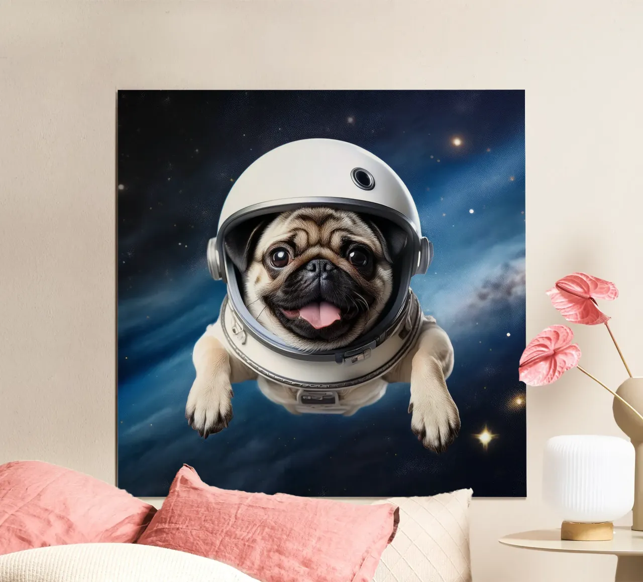 Pug Explorador del Espacio: Adorable impresión artística de un perro astronauta poster con marco de plástico de FlexiDesignsByK