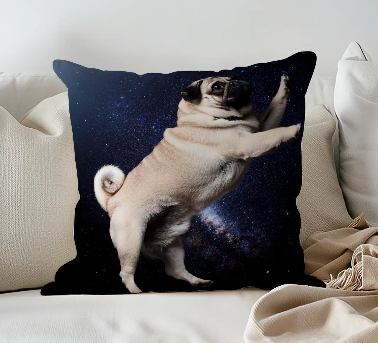 Floating Pug in Space: Adorable Cosmic Dog Art Print decorative cushion by FlexiDesignsByK