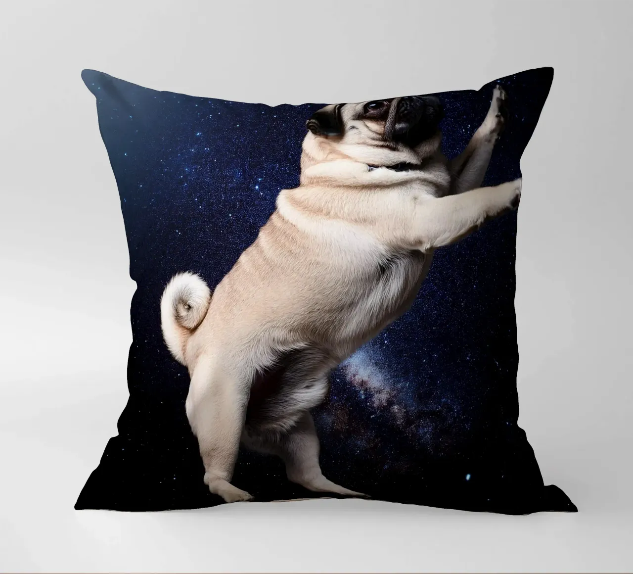 Floating Pug in Space: Adorable Cosmic Dog Art Print decorative cushion by FlexiDesignsByK