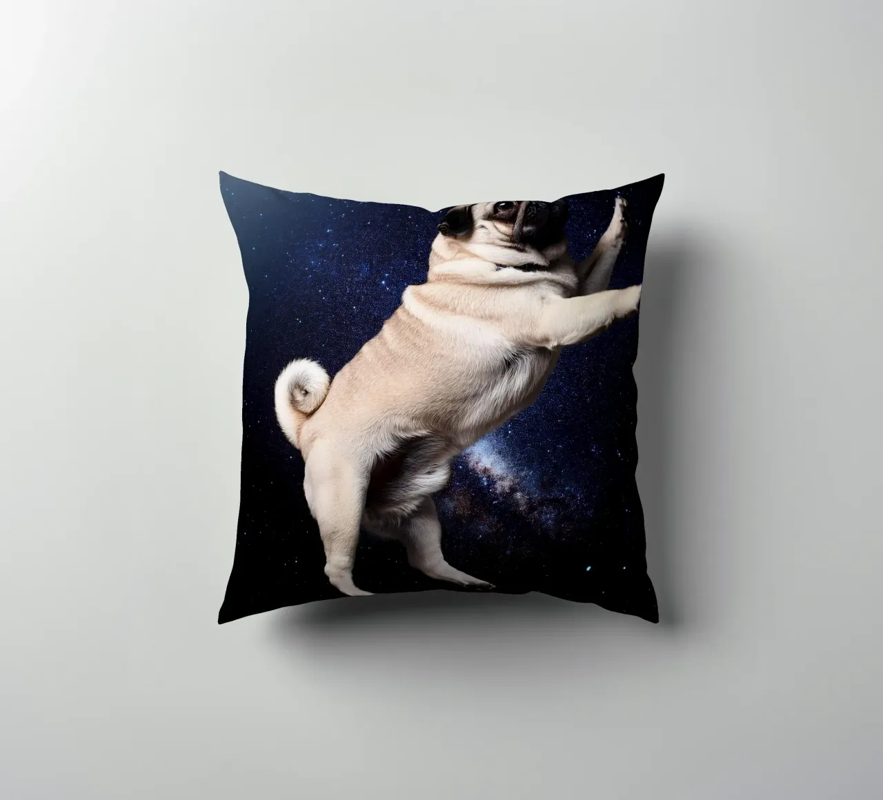 Floating Pug in Space: Adorable Cosmic Dog Art Print decorative cushion by FlexiDesignsByK