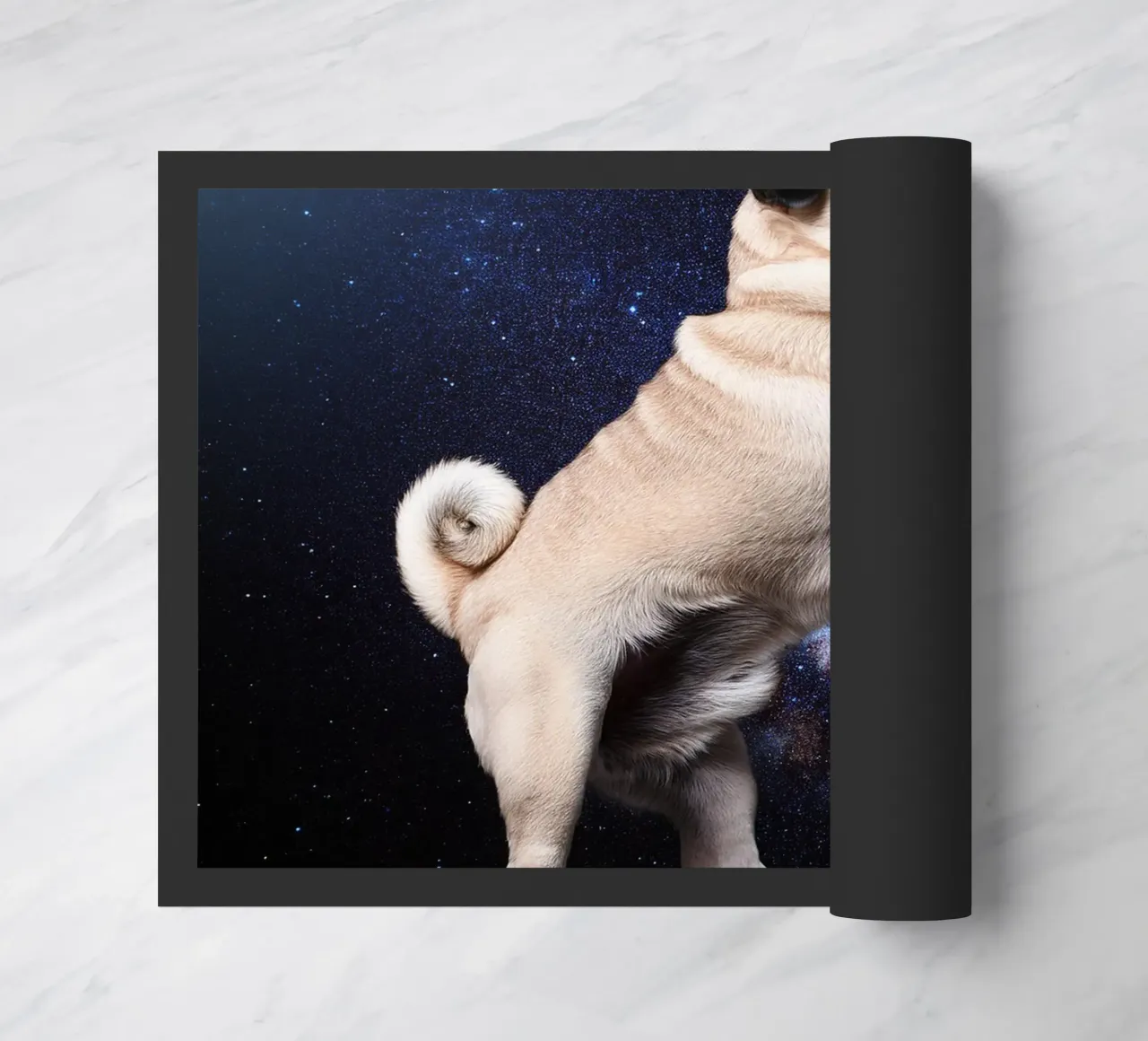 Floating Pug in Space: Adorable Cosmic Dog Art Print doormat by FlexiDesignsByK
