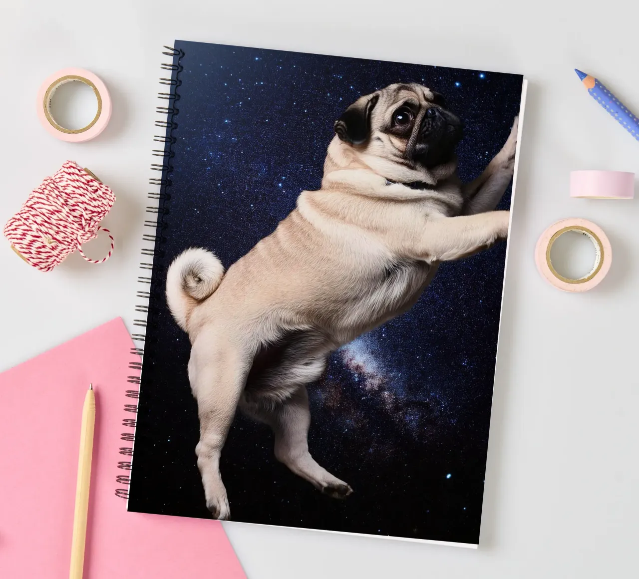 Floating Pug in Space: Adorable Cosmic Dog Art Print spiral notebook by FlexiDesignsByK