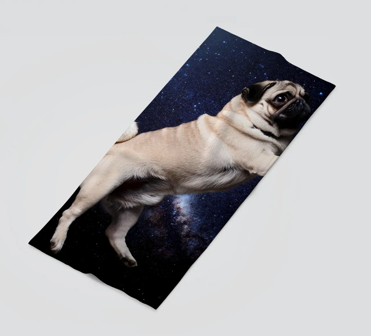 Floating Pug in Space: Adorable Cosmic Dog Art Print beach towel by FlexiDesignsByK