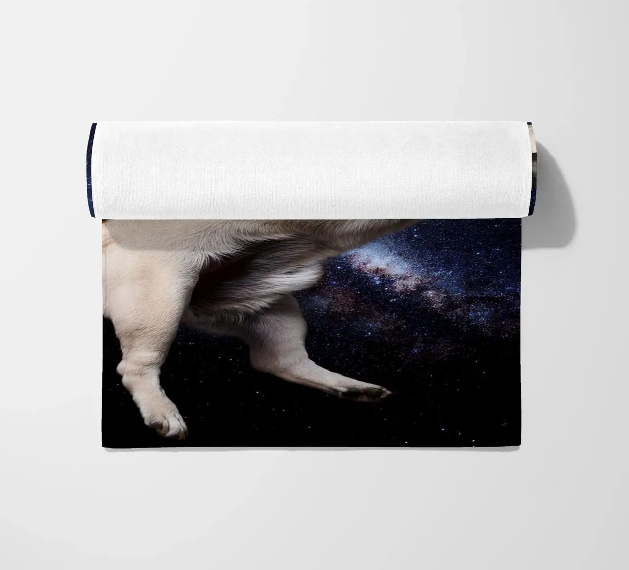Floating Pug in Space: Adorable Cosmic Dog Art Print beach towel by FlexiDesignsByK