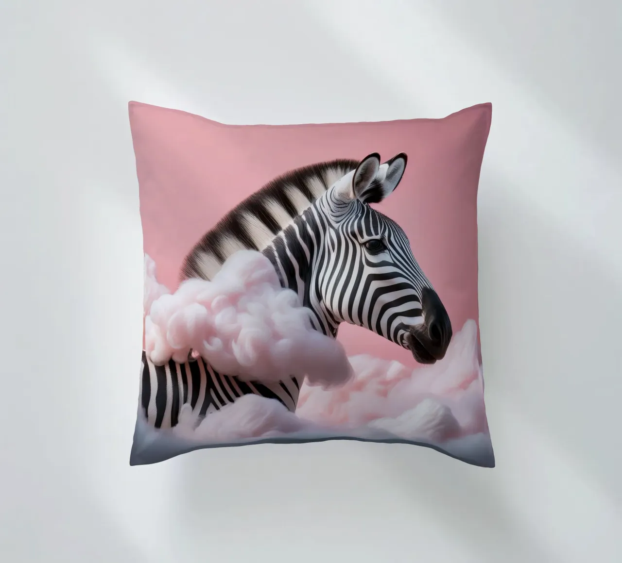 Dreamy Zebra in Pink Clouds: Whimsical Animal Wall Art Print decorative cushion by FlexiDesignsByK