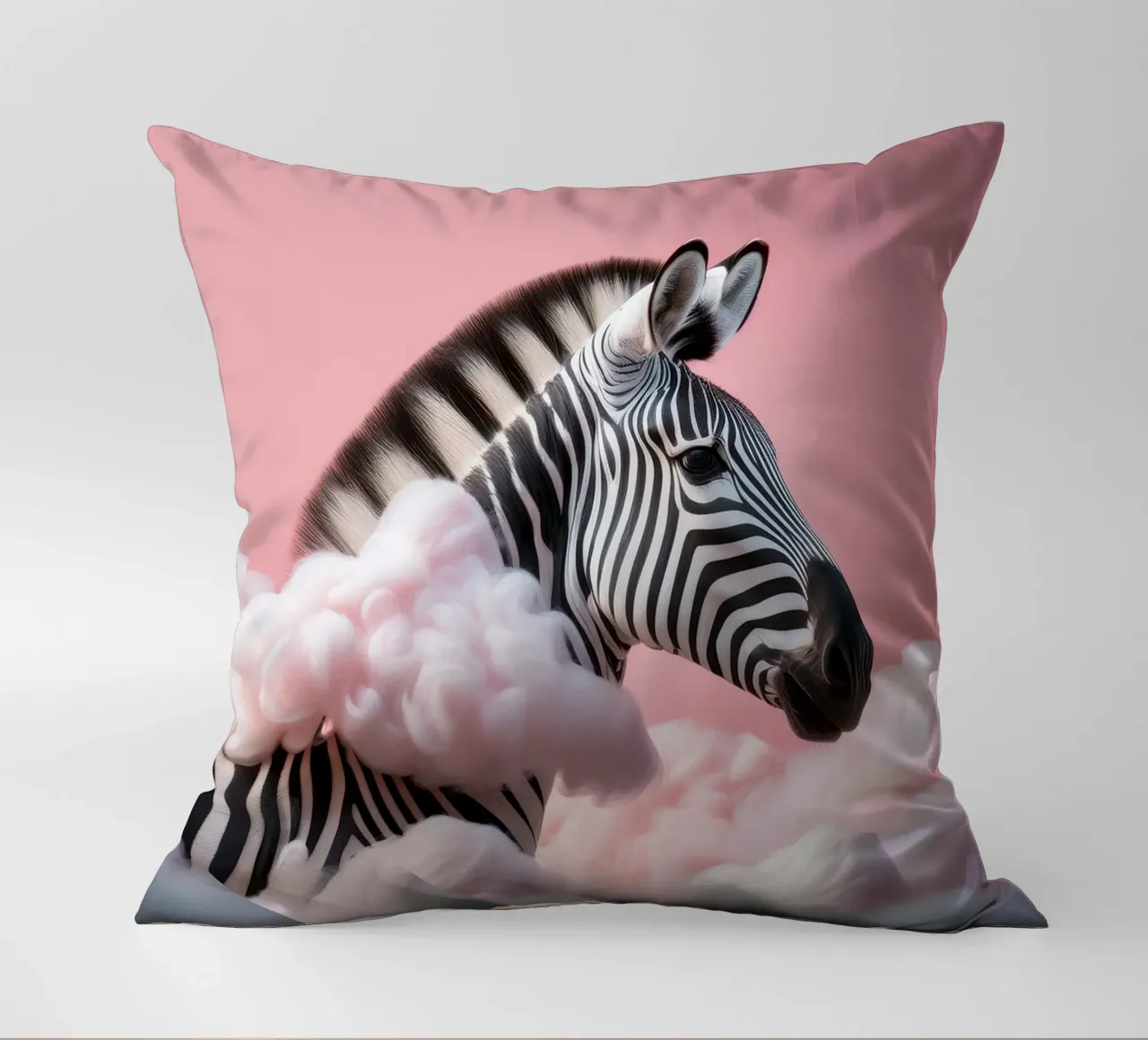 Dreamy Zebra in Pink Clouds: Whimsical Animal Wall Art Print decorative cushion by FlexiDesignsByK