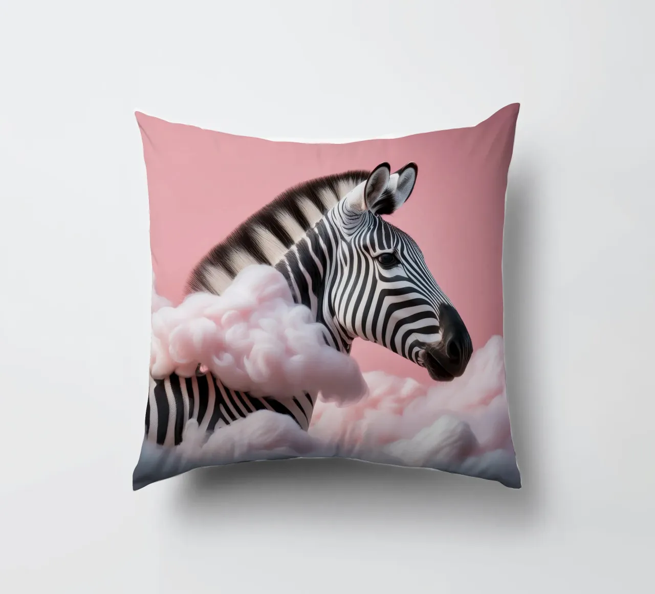 Dreamy Zebra in Pink Clouds: Whimsical Animal Wall Art Print decorative cushion by FlexiDesignsByK