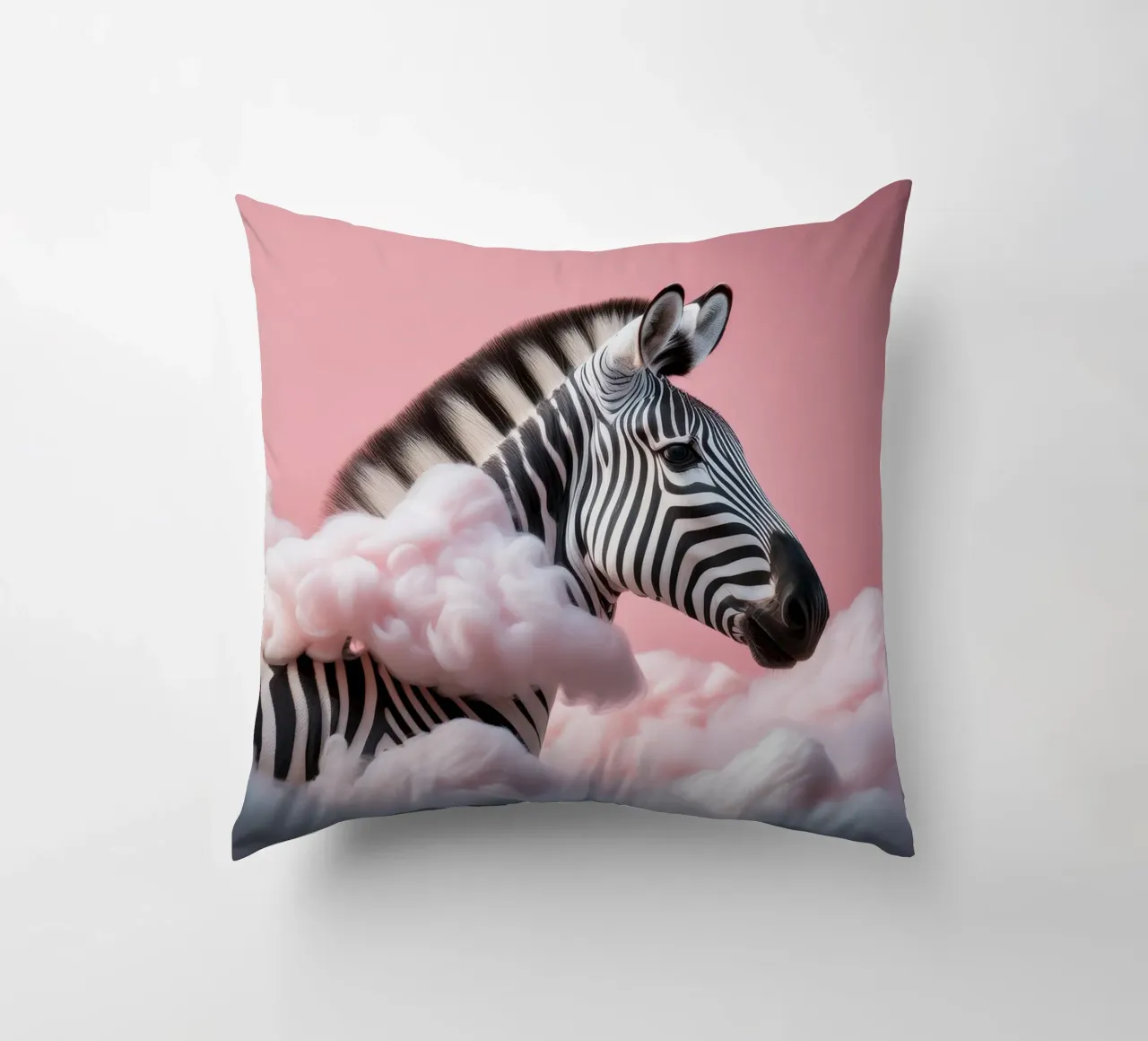 Dreamy Zebra in Pink Clouds: Whimsical Animal Wall Art Print decorative cushion by FlexiDesignsByK