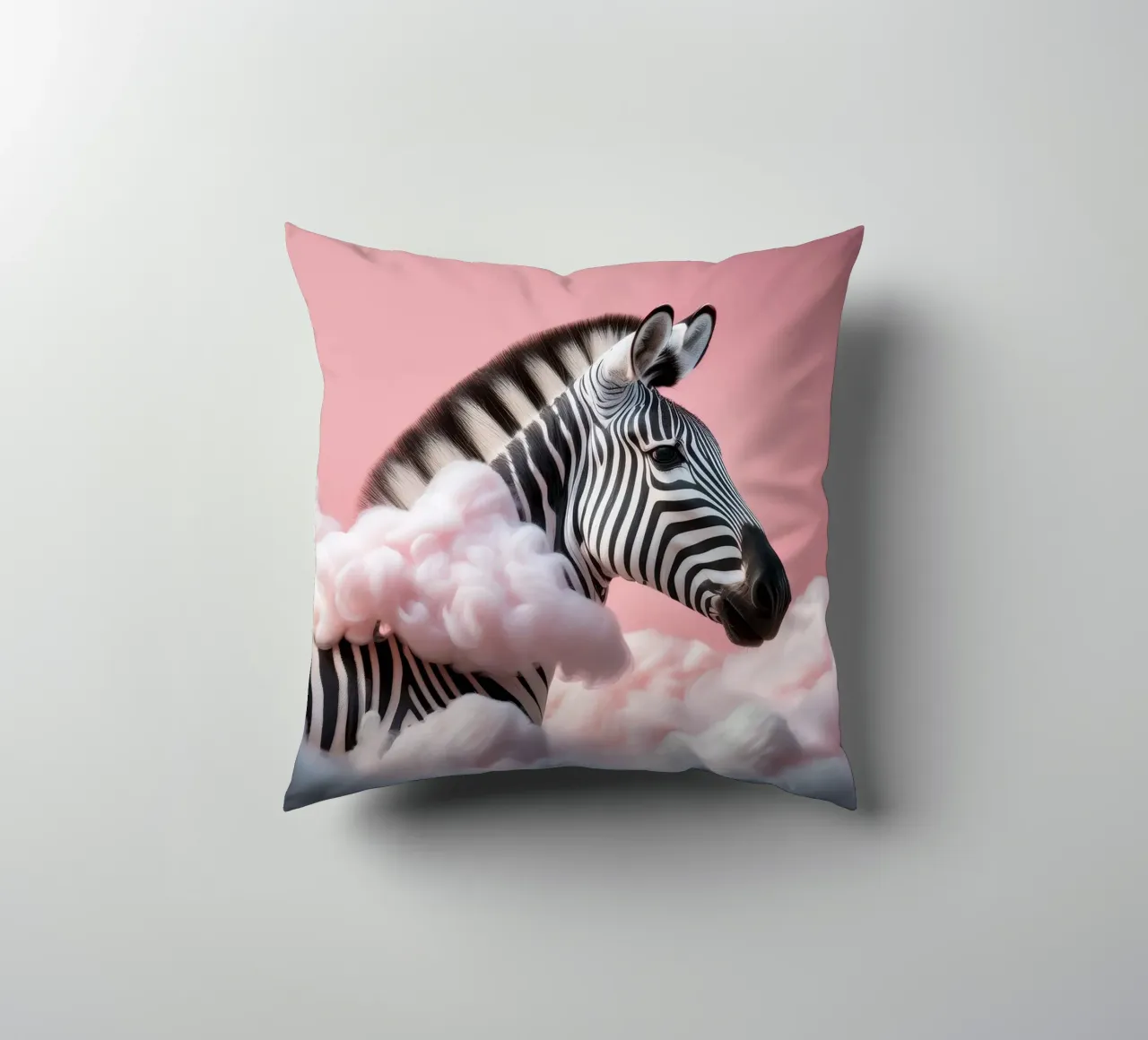 Dreamy Zebra in Pink Clouds: Whimsical Animal Wall Art Print decorative cushion by FlexiDesignsByK