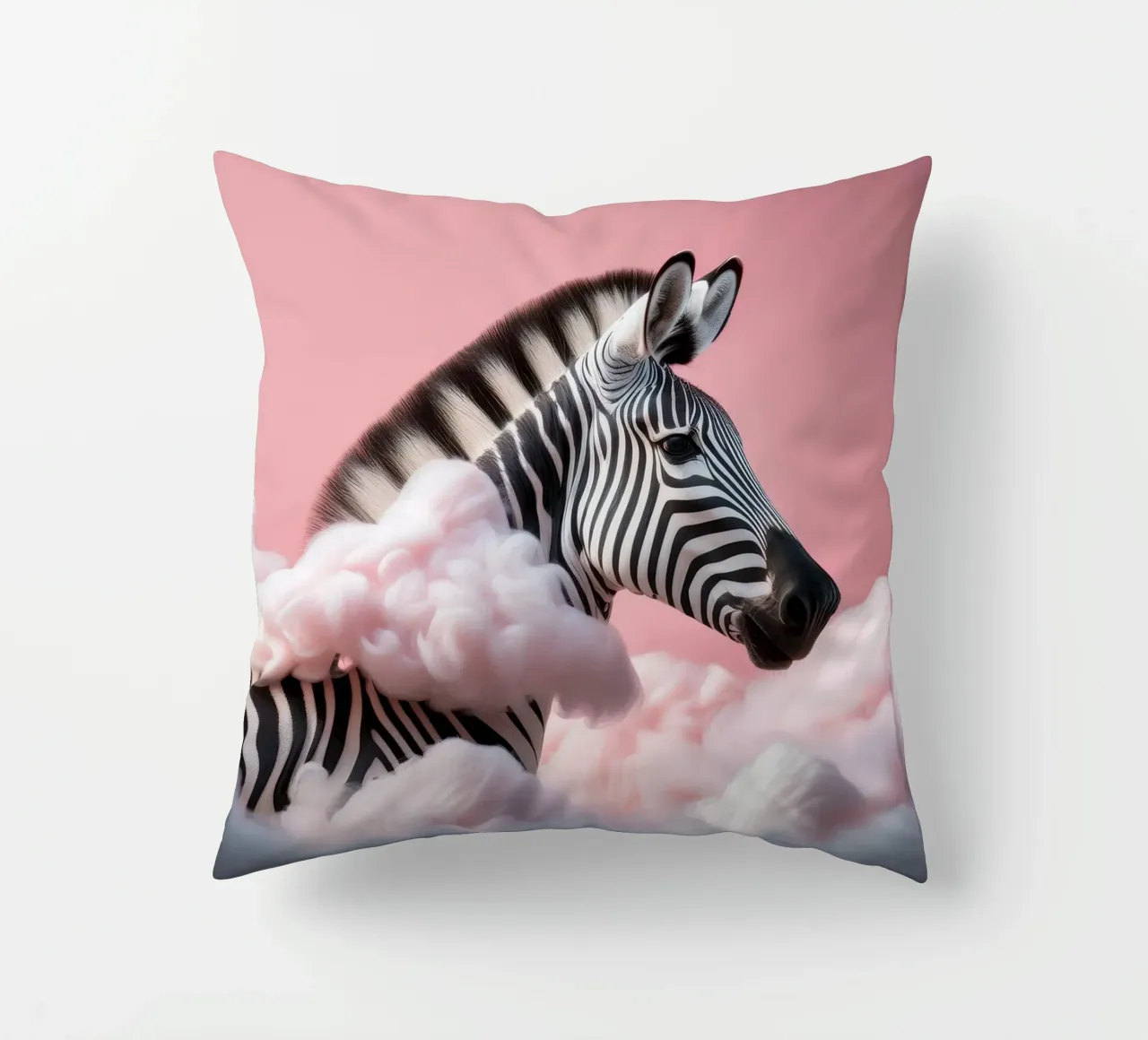 Dreamy Zebra in Pink Clouds: Whimsical Animal Wall Art Print decorative cushion by FlexiDesignsByK