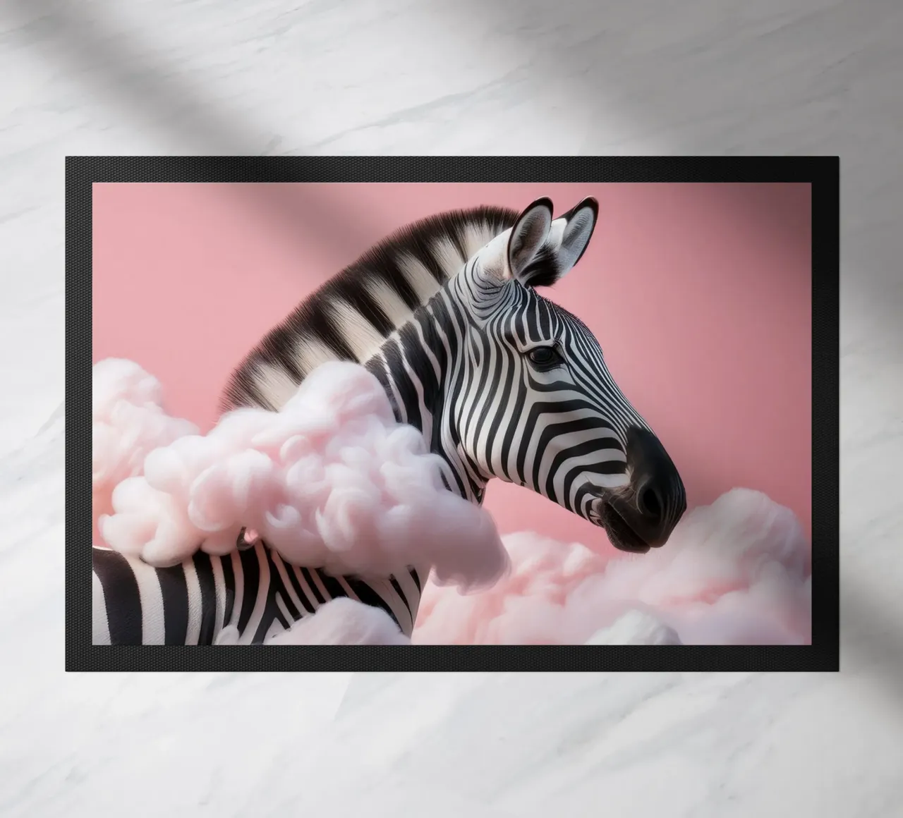 Dreamy Zebra in Pink Clouds: Whimsical Animal Wall Art Print doormat by FlexiDesignsByK