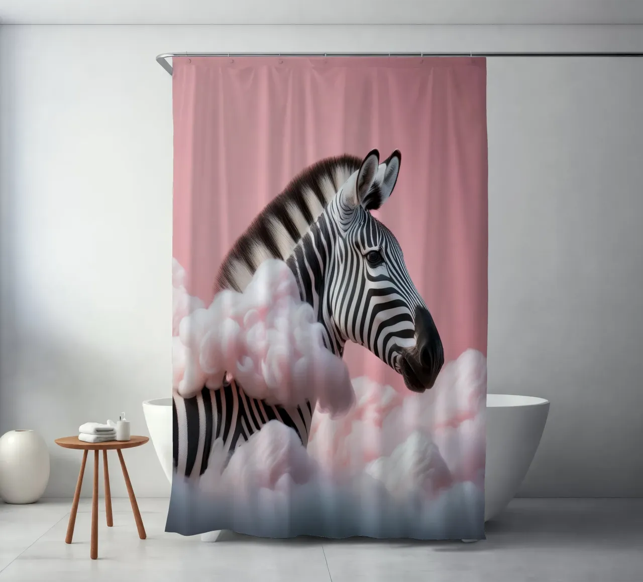 Verträumtes Zebra in rosa Wolken: Skurrile Tier Wand Kunstdruck Duschvorhang von FlexiDesignsByK