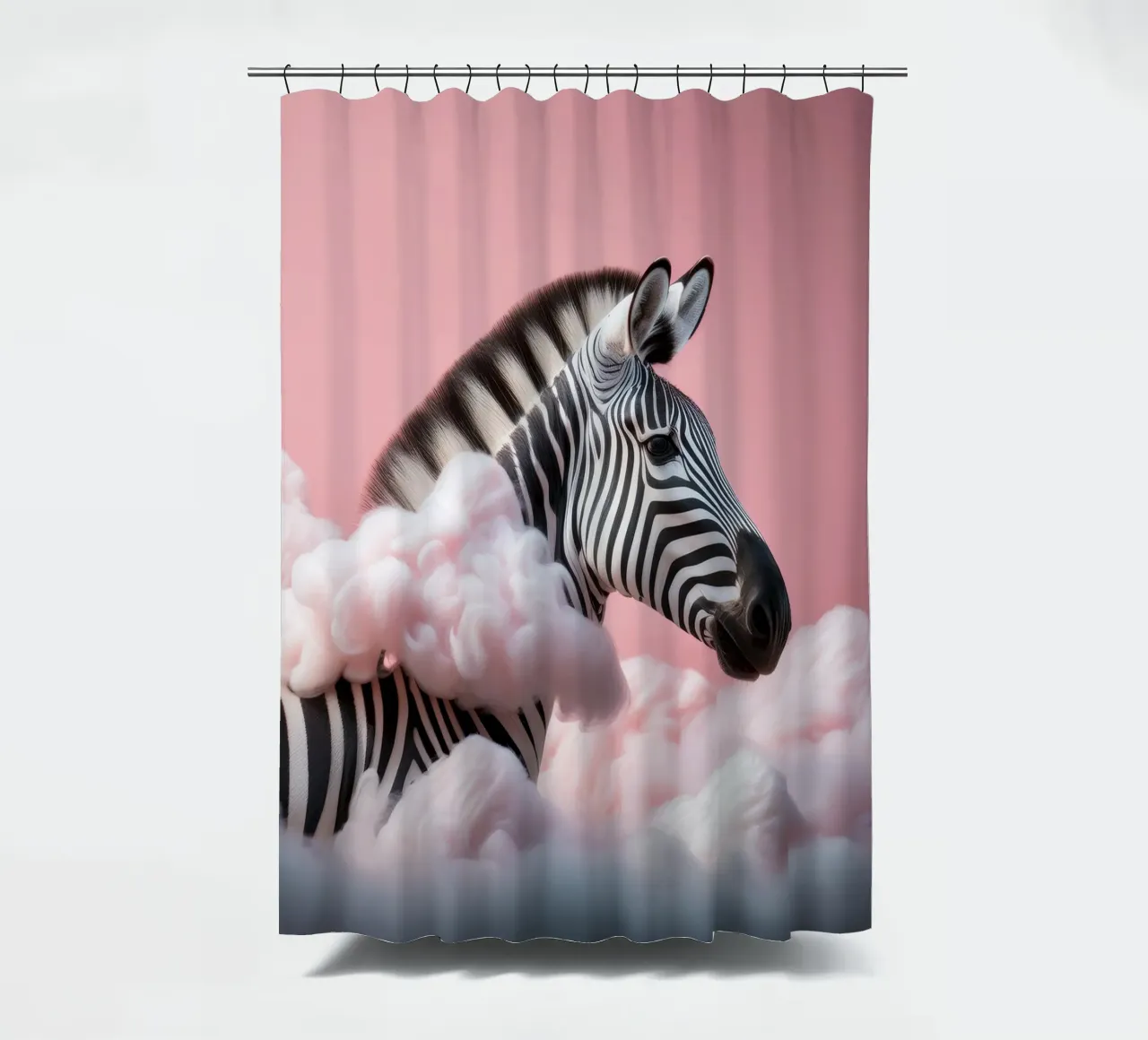 Verträumtes Zebra in rosa Wolken: Skurrile Tier Wand Kunstdruck Duschvorhang von FlexiDesignsByK