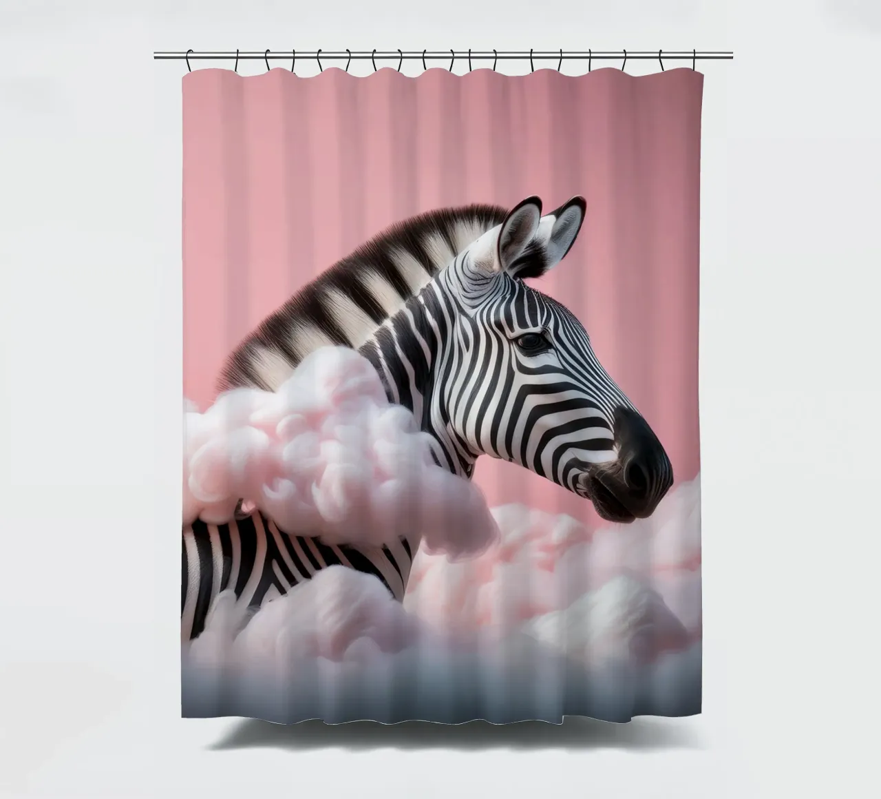 Verträumtes Zebra in rosa Wolken: Skurrile Tier Wand Kunstdruck Duschvorhang von FlexiDesignsByK