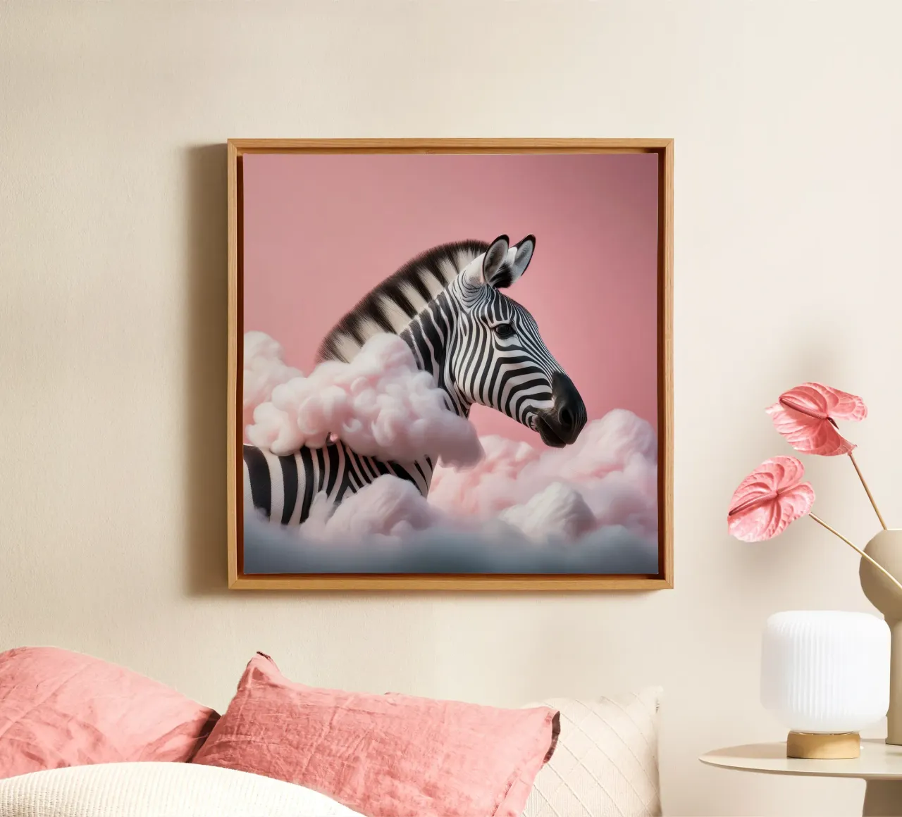 Dreamy Zebra in Pink Clouds: Whimsical Animal Wall Art Print canvas with Floater frame by FlexiDesignsByK