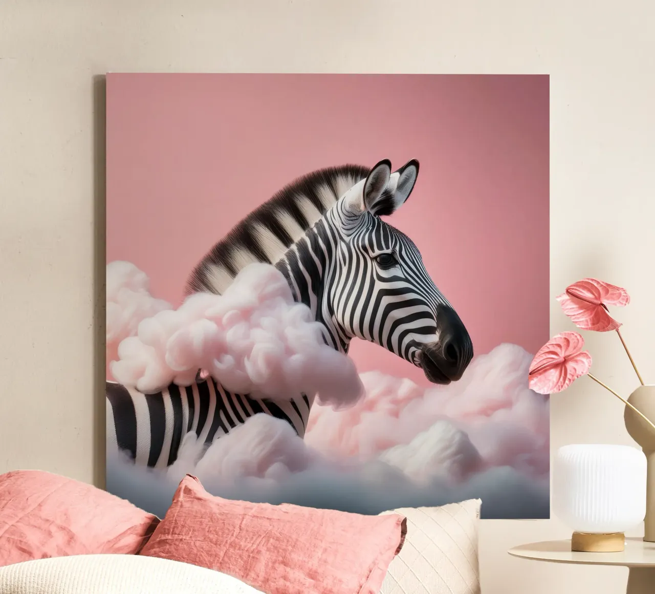 Dreamy Zebra in Pink Clouds: Whimsical Animal Wall Art Print canvas with Floater frame by FlexiDesignsByK