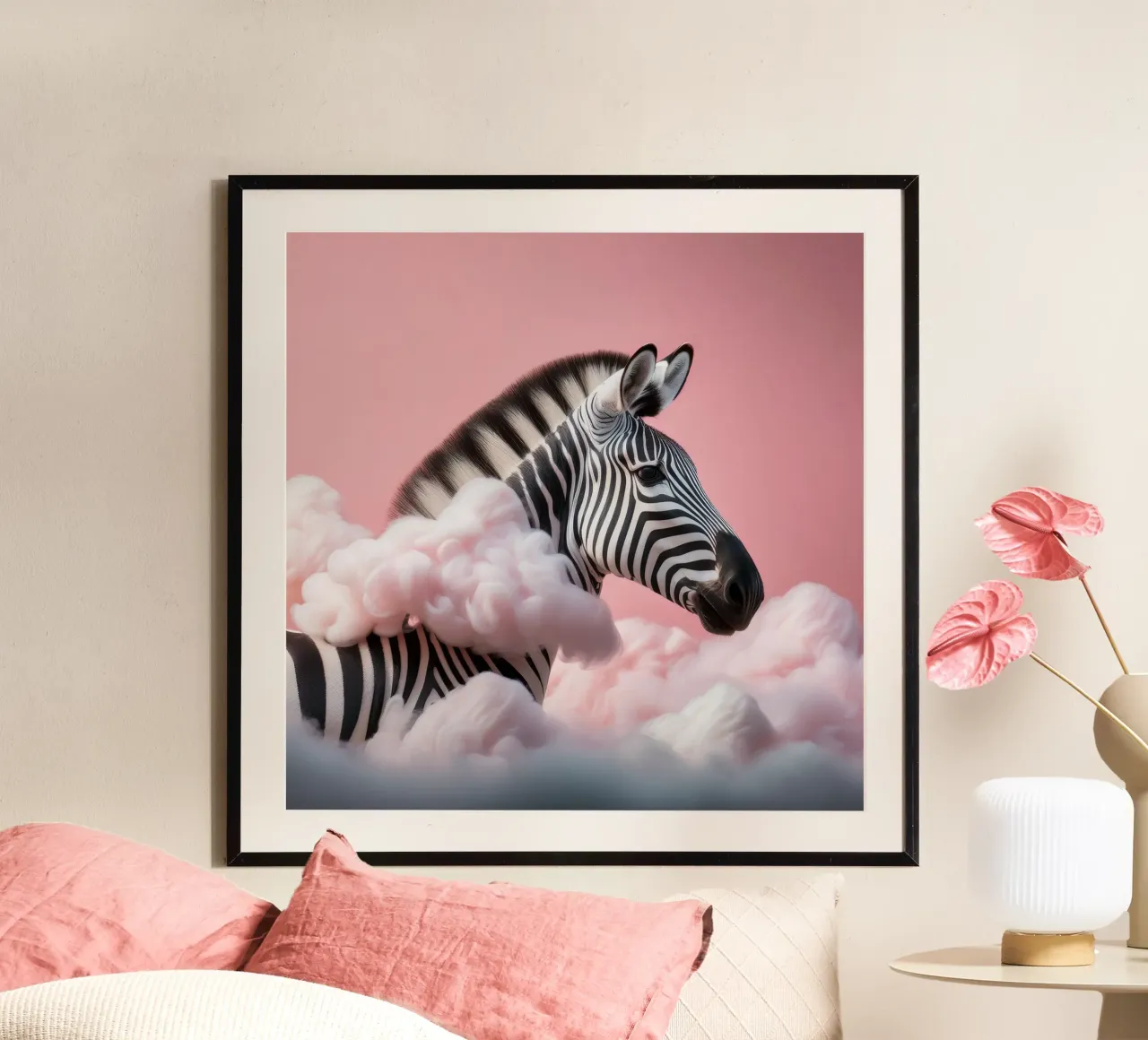 Verträumtes Zebra in rosa Wolken: Skurrile Tier Wand Kunstdruck Poster von FlexiDesignsByK
