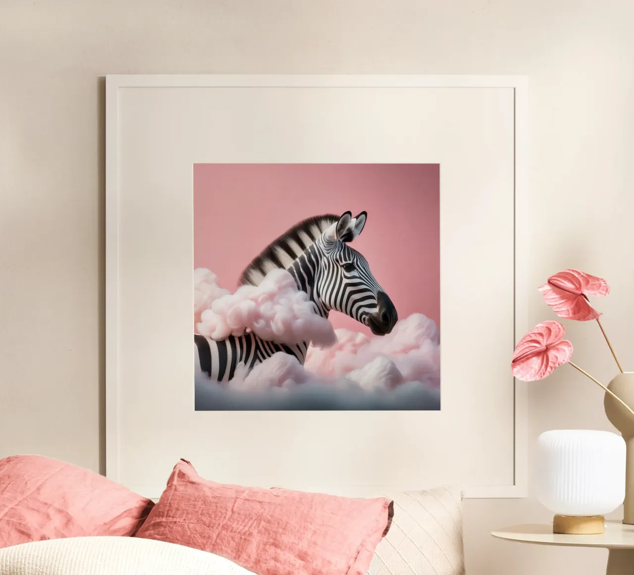 Verträumtes Zebra in rosa Wolken: Skurrile Tier Wand Kunstdruck Poster von FlexiDesignsByK
