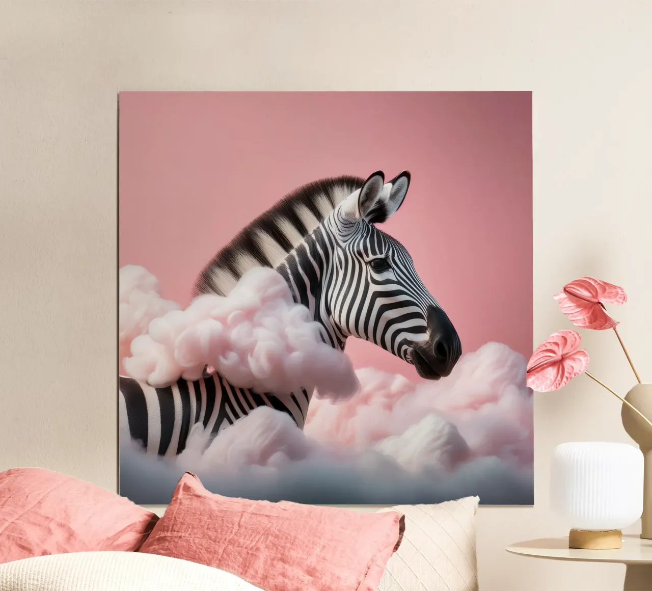 Verträumtes Zebra in rosa Wolken: Skurrile Tier Wand Kunstdruck Poster von FlexiDesignsByK