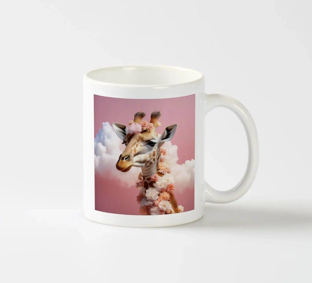 Elegant Giraffe with Flowers & Clouds: Whimsical Wall Art ceramic mug by FlexiDesignsByK