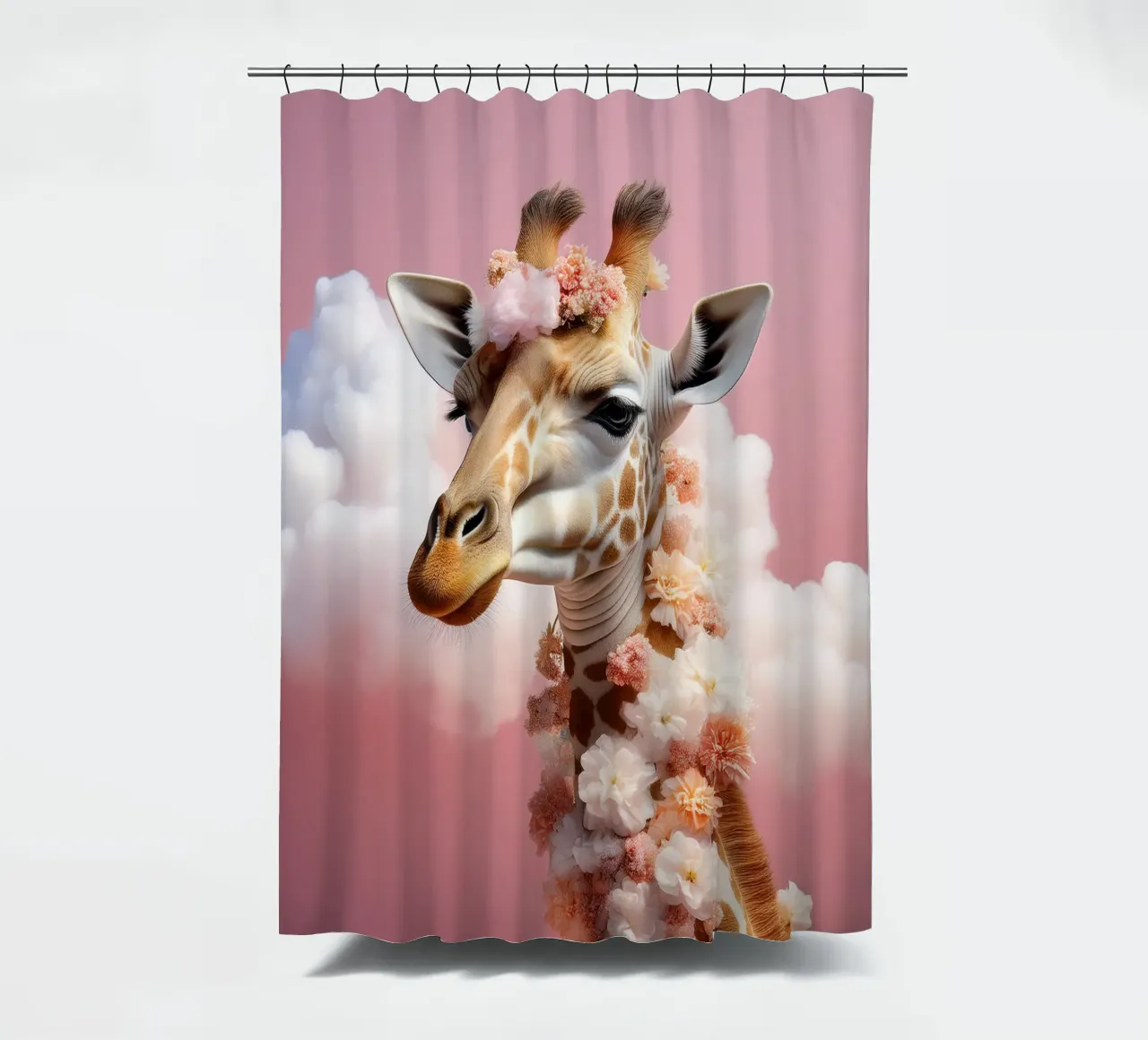 Elegant Giraffe with Flowers & Clouds: Whimsical Wall Art shower curtain by FlexiDesignsByK