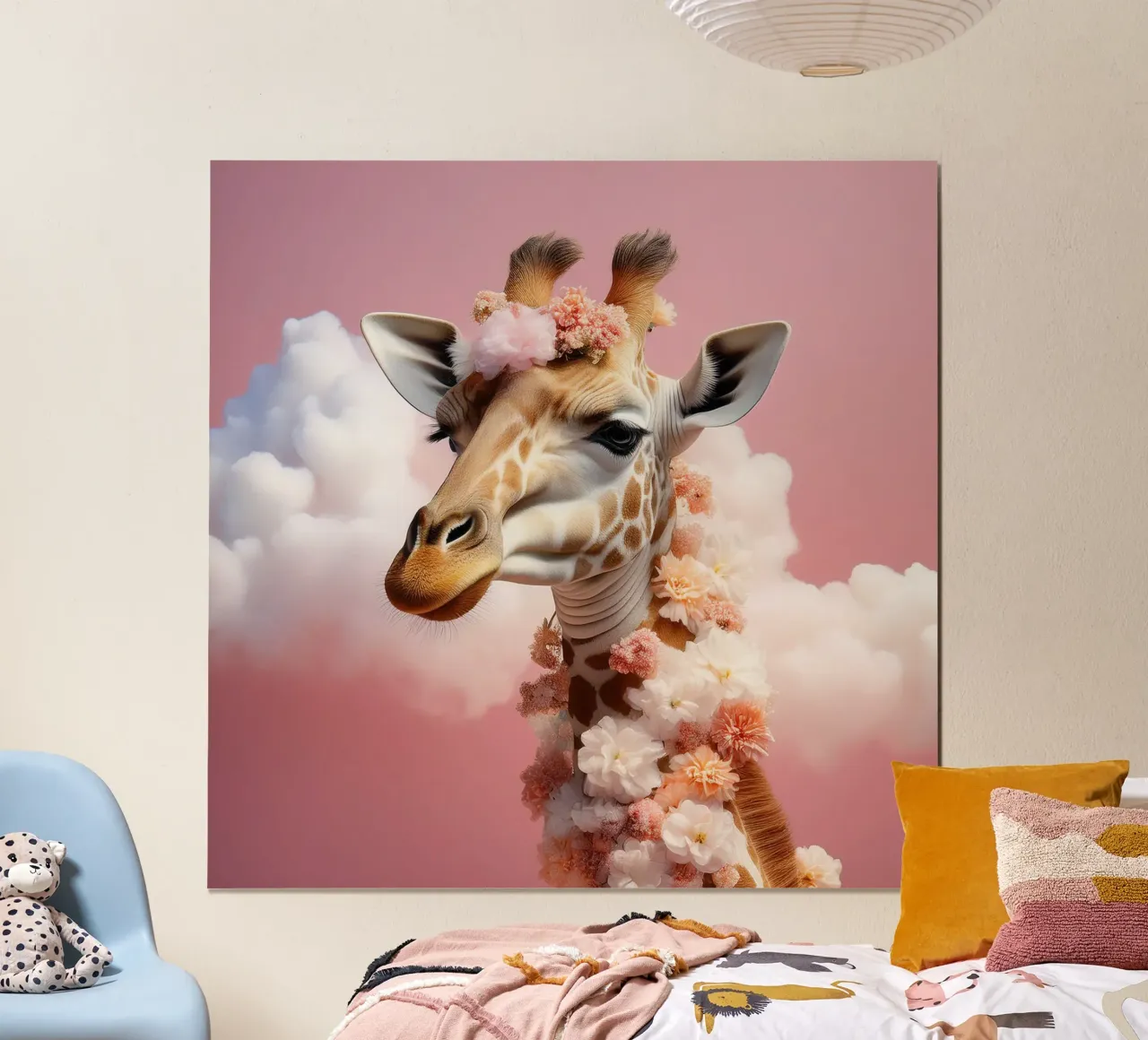 Elegant Giraffe with Flowers & Clouds: Whimsical Wall Art poster with wooden frame by FlexiDesignsByK