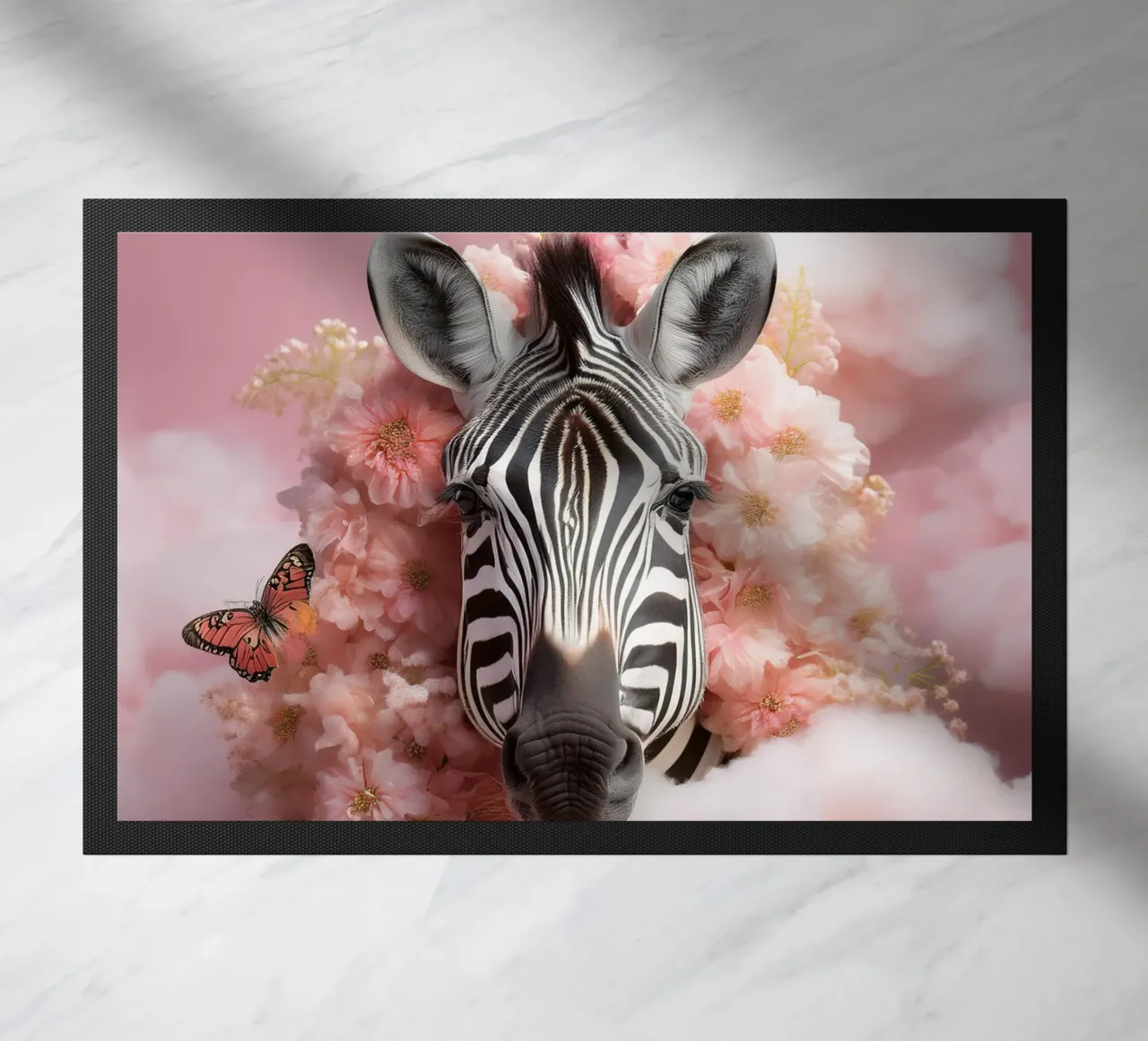 Dreamy Zebra with Flowers & Clouds: Whimsical Wall Art doormat by FlexiDesignsByK