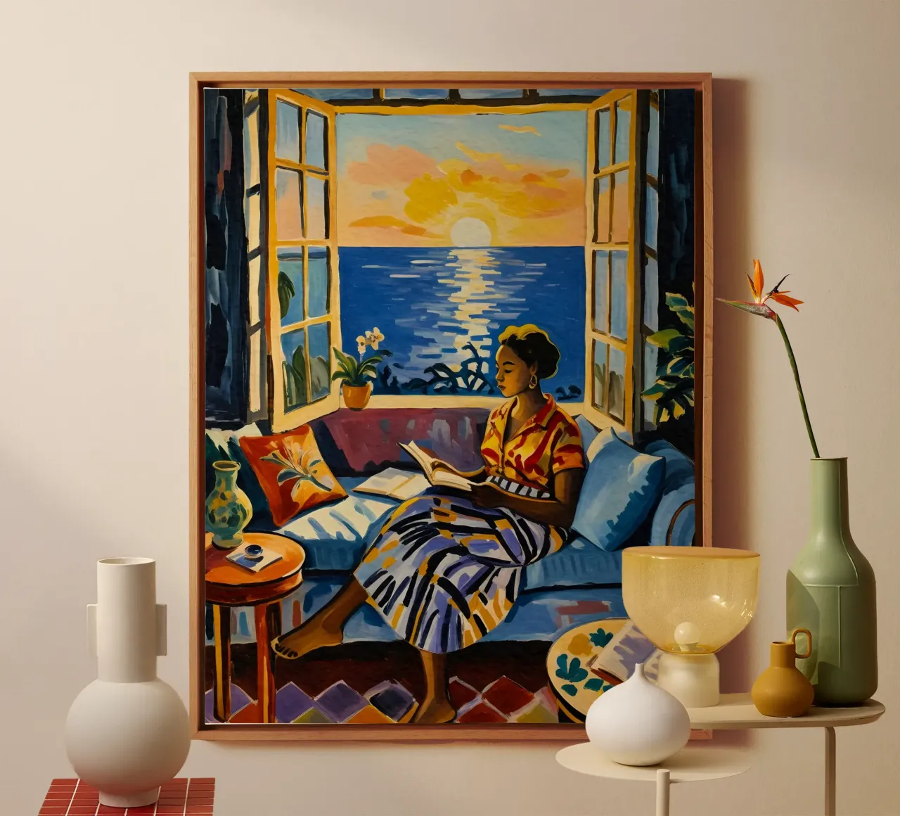 Interni con vista sul mare a Cannes tela con Cornice a cassetta da Couleursdusud