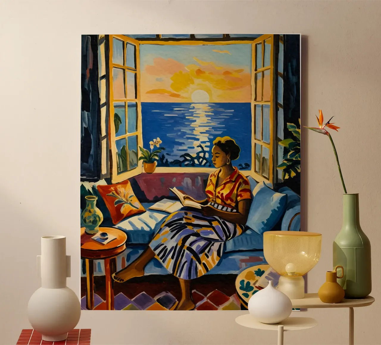 Interni con vista sul mare a Cannes tela con Cornice a cassetta da Couleursdusud