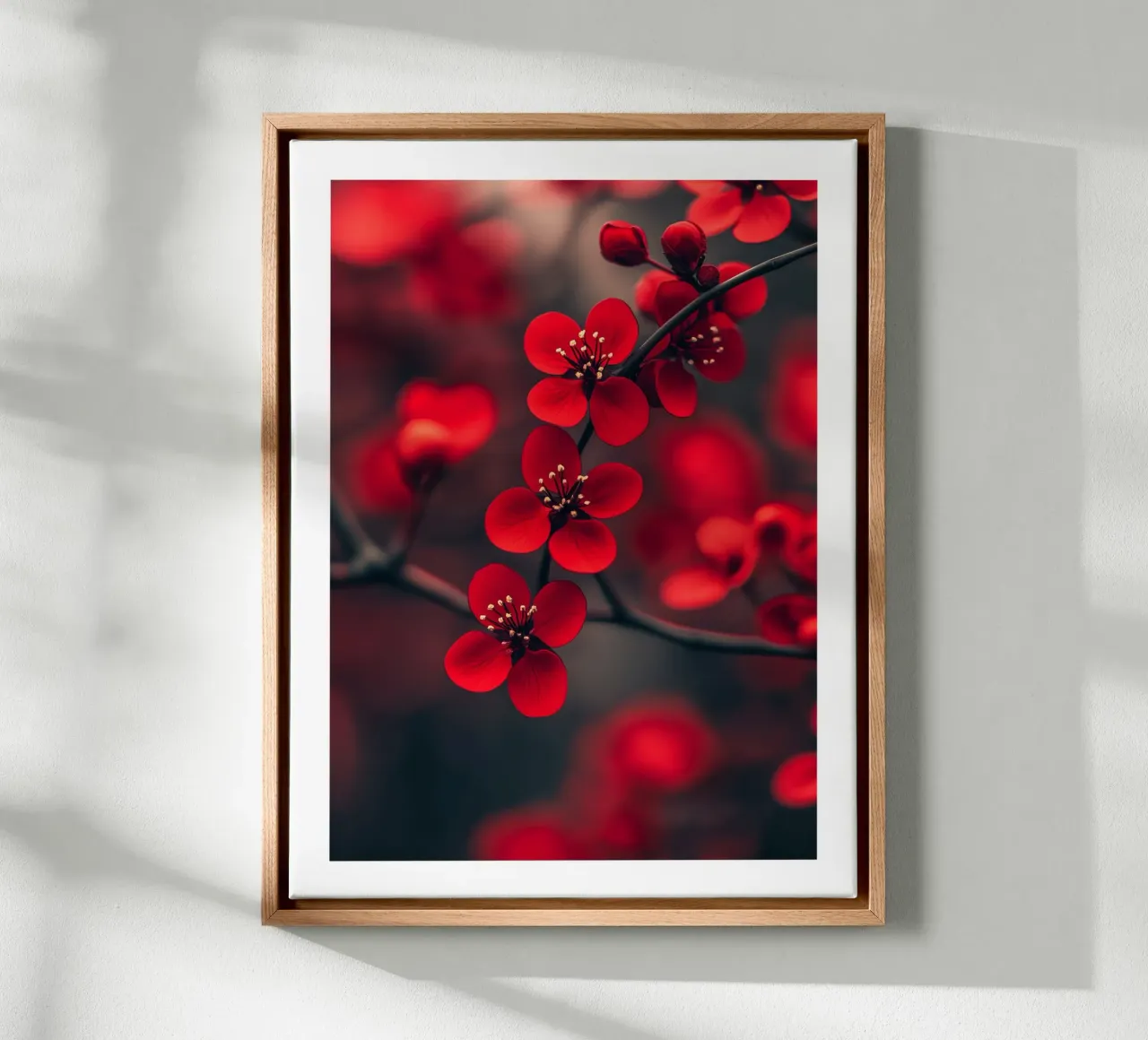 Helderrode bloem canvas met Baklijst van Flora & Horizon