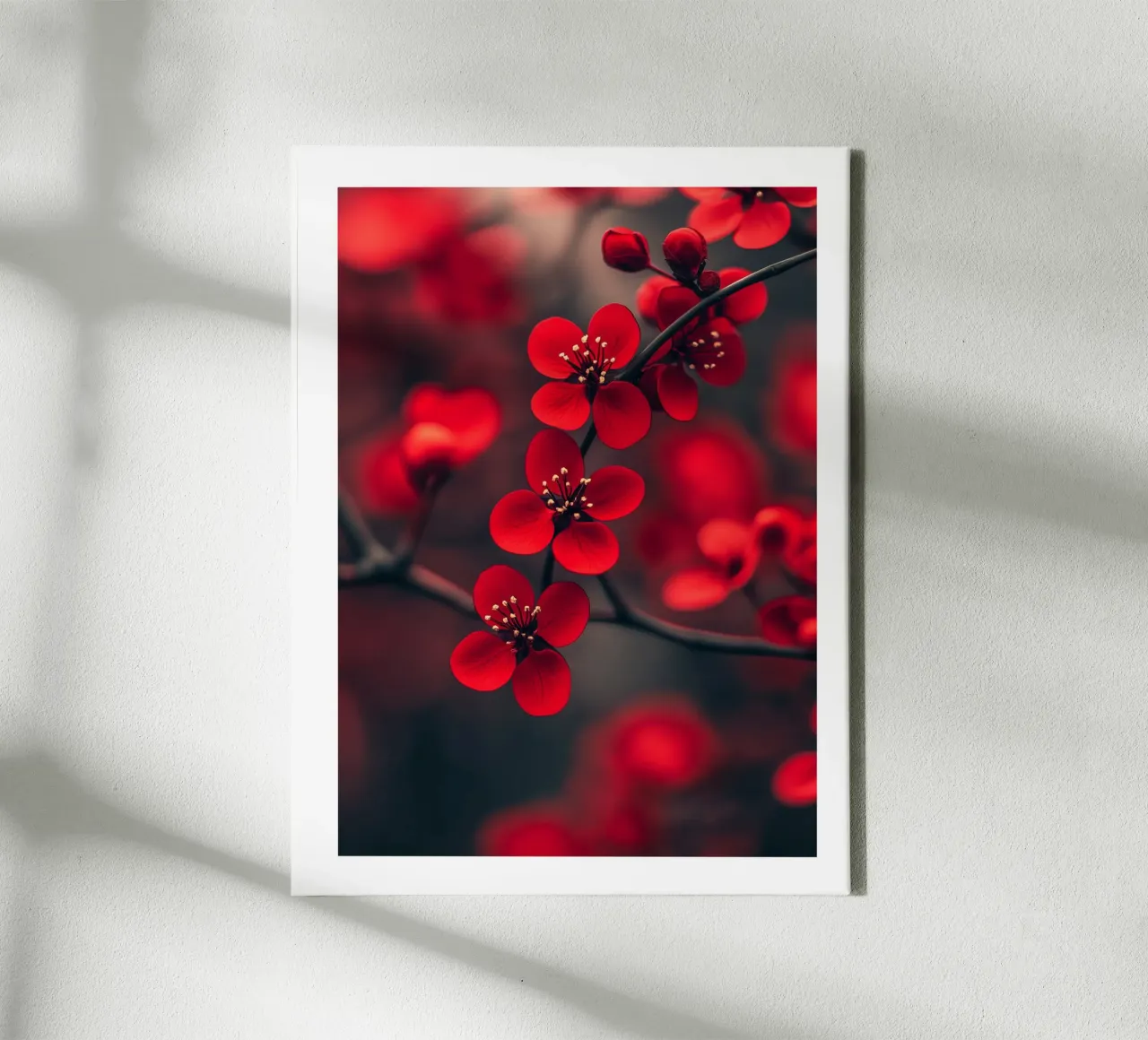 Helderrode bloem canvas met Baklijst van Flora & Horizon